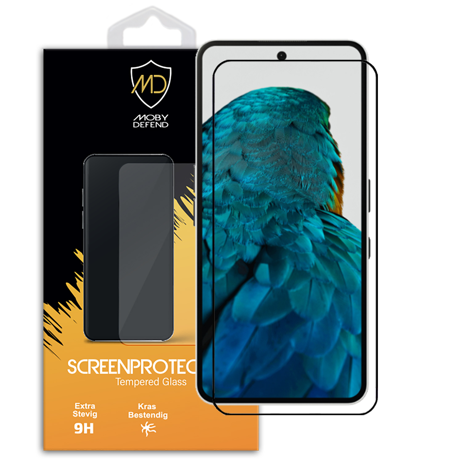 Schermbeschermer verpakking en telefoon met een vogelafbeelding op het scherm. Witte achtergrond.