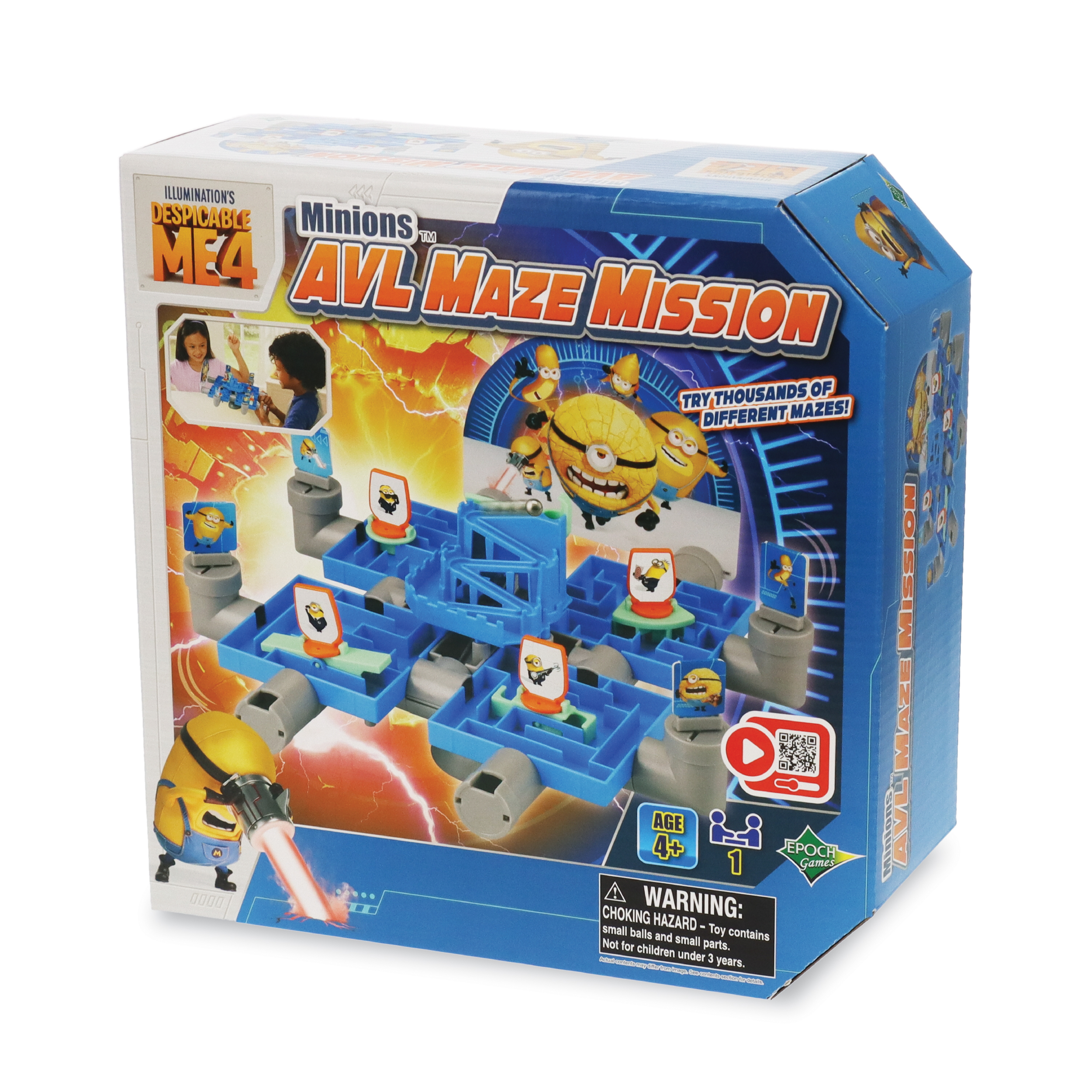 Minions AVL Maze Mission speldoos. Minion-personages, een doolhof en spelelementen worden op de doos getoond.