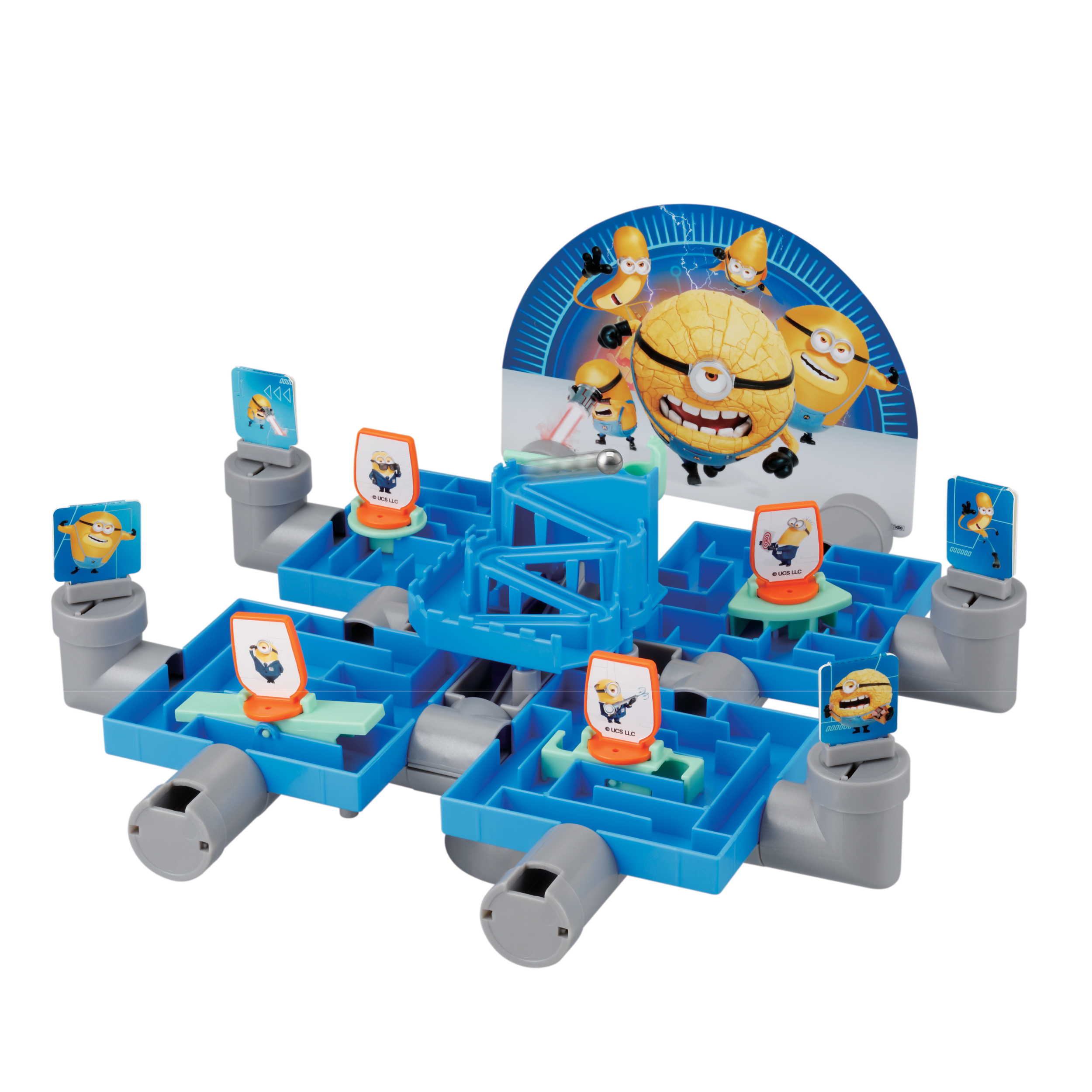 Bordspel met Minions-thema met een blauwe doolhofstructuur. Verschillende Minion-personages worden weergegeven.