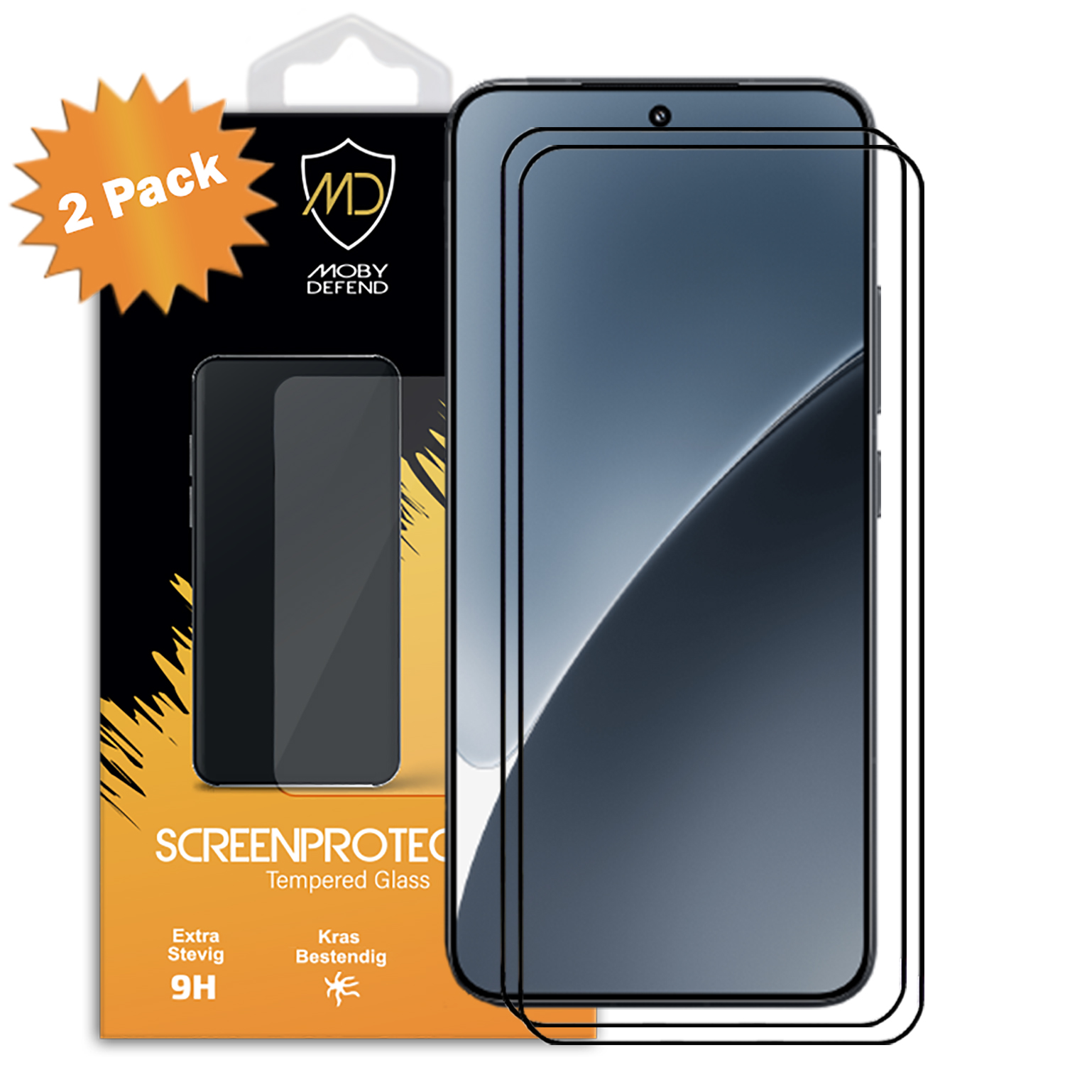 Protecteur d'écran pour téléphone, pack de deux. Boîte montre image du téléphone et logo de la marque.