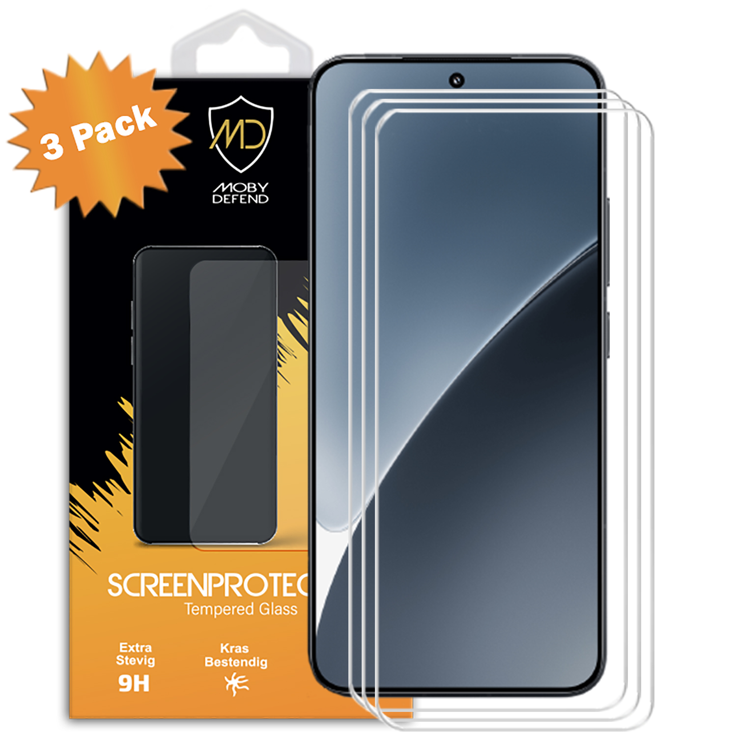Drie-pack schermbeschermer voor telefoon. Doos toont telefoonafbeelding en merklogo.