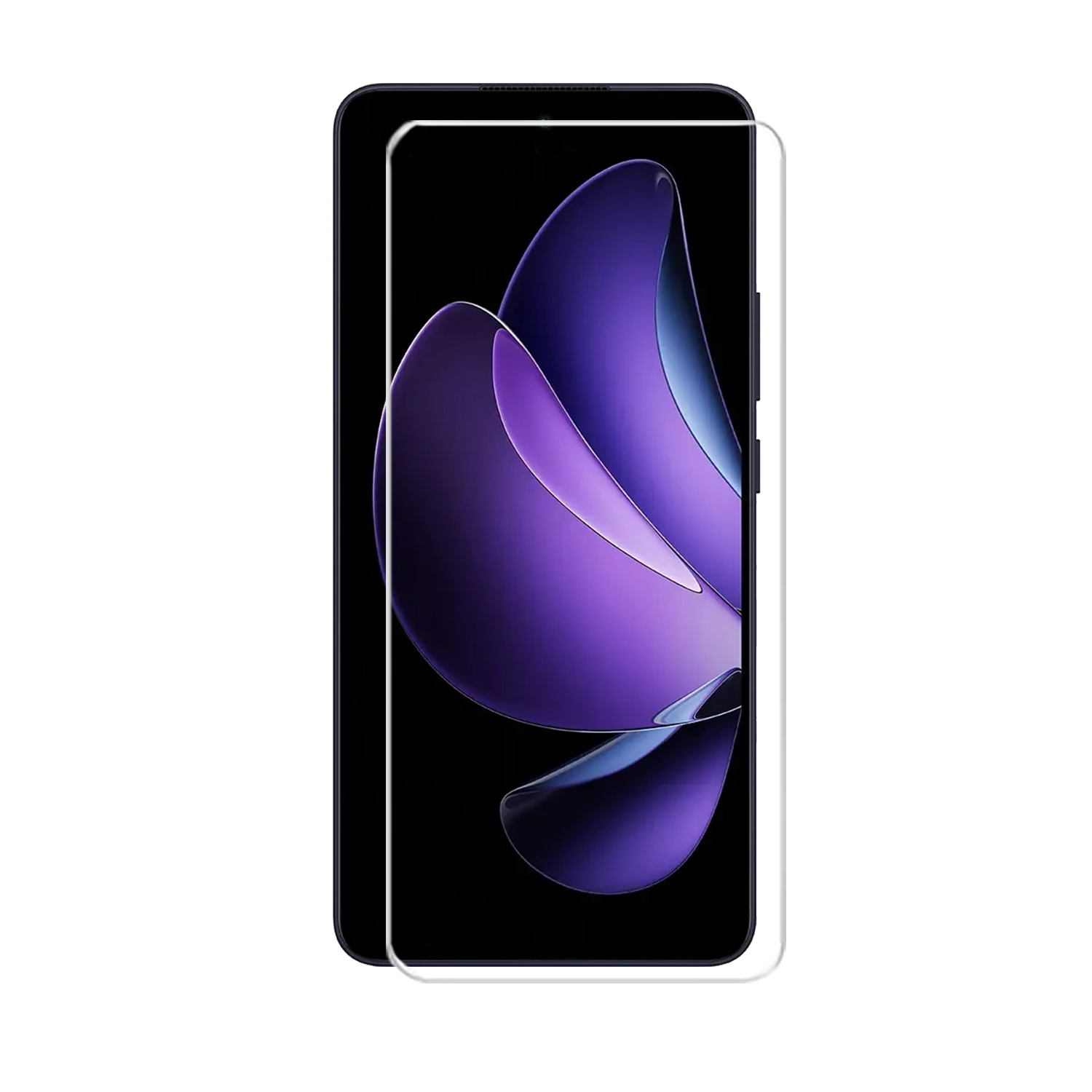 Un smartphone avec un protecteur d'écran appliqué, présentant un design abstrait violet en arrière-plan.