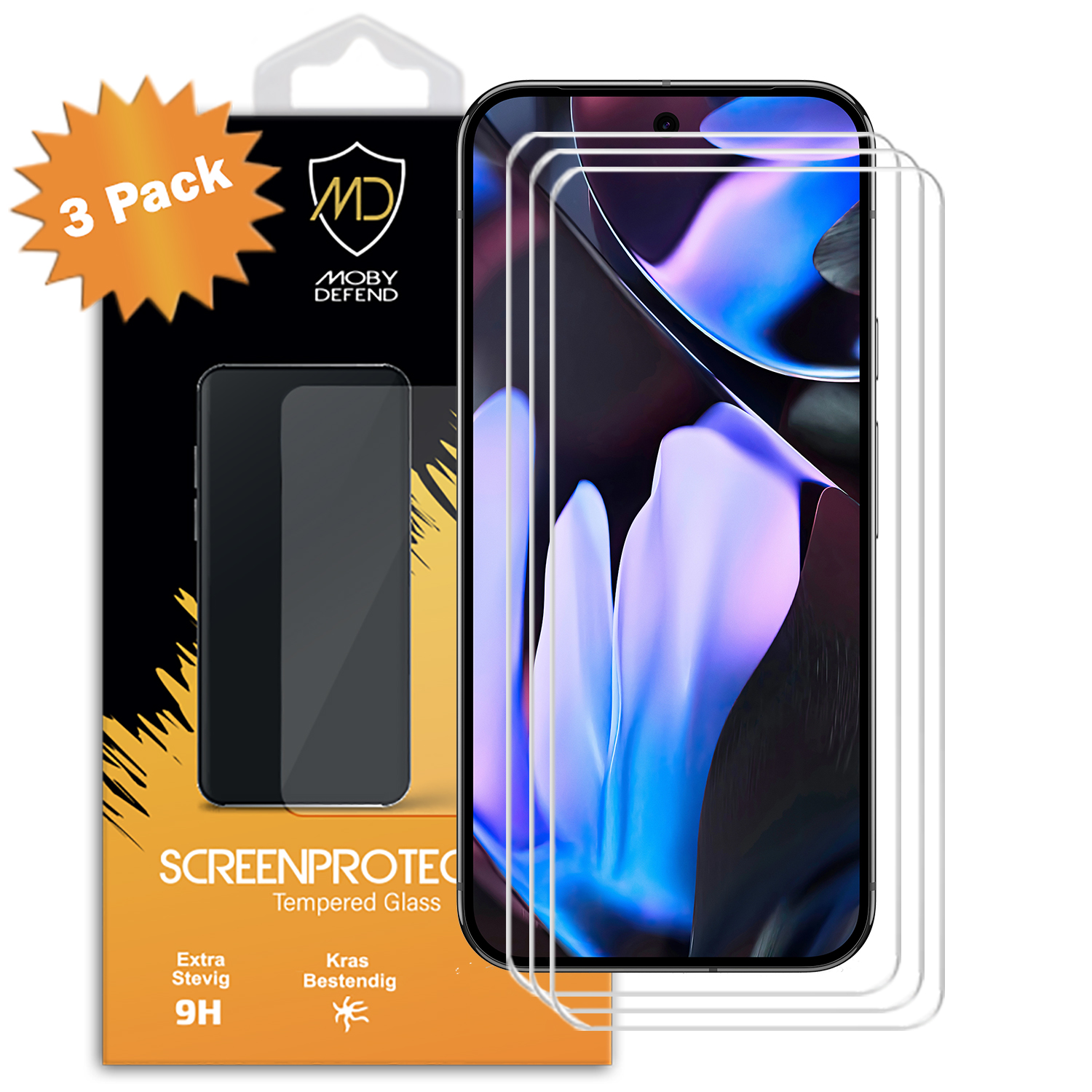 Protecteur d'écran pour téléphone, pack de trois. Boîte montre téléphone avec affichage violet et trois protecteurs.