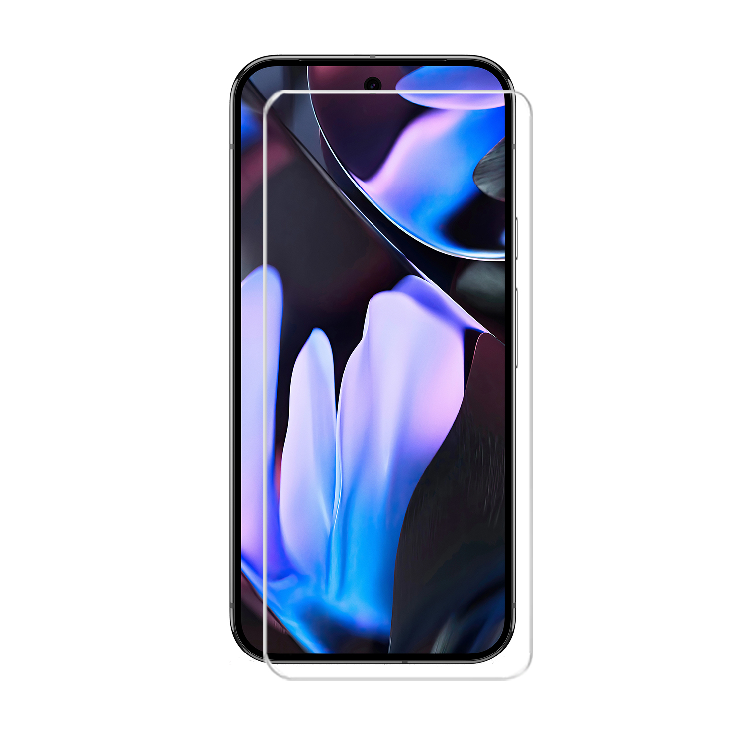 Un smartphone avec un protecteur d'écran, affichant un fond abstrait bleu et violet.