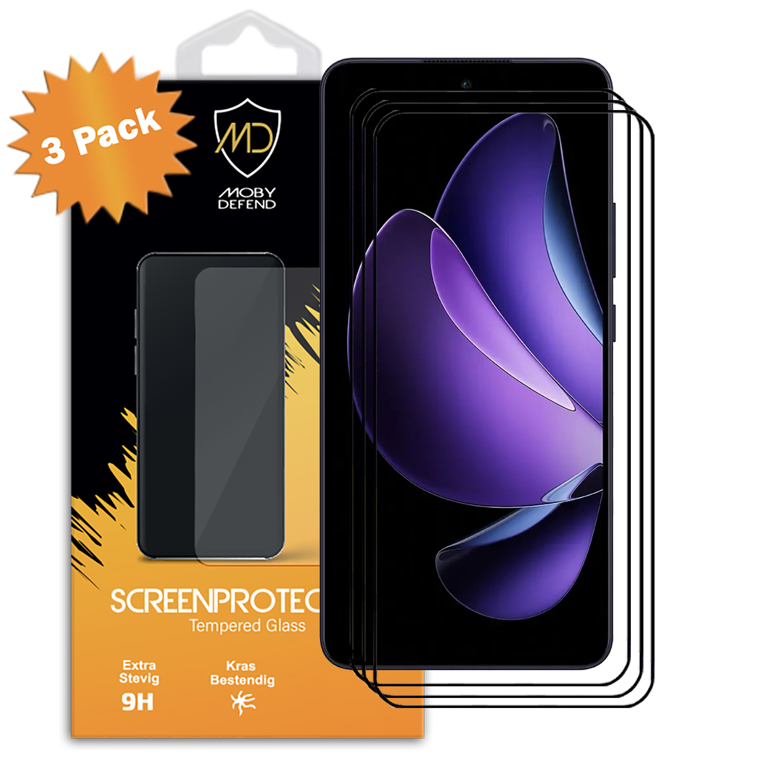 Een schermbeschermer verpakking voor een telefoon. De verpakking toont een telefoon met een schermbeschermer en een 3-pack label.