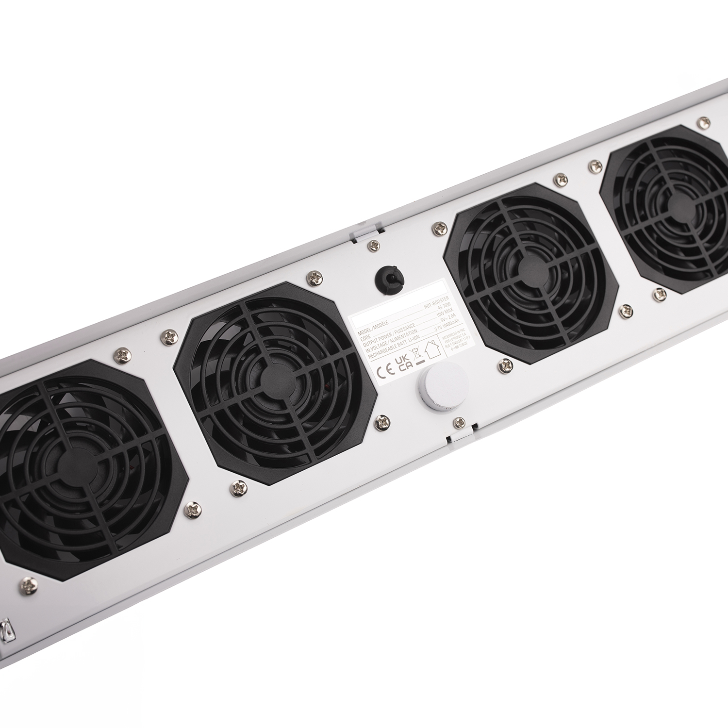 Onderkant van een apparaat met vier zwarte ventilatoren en een bedieningspaneel.