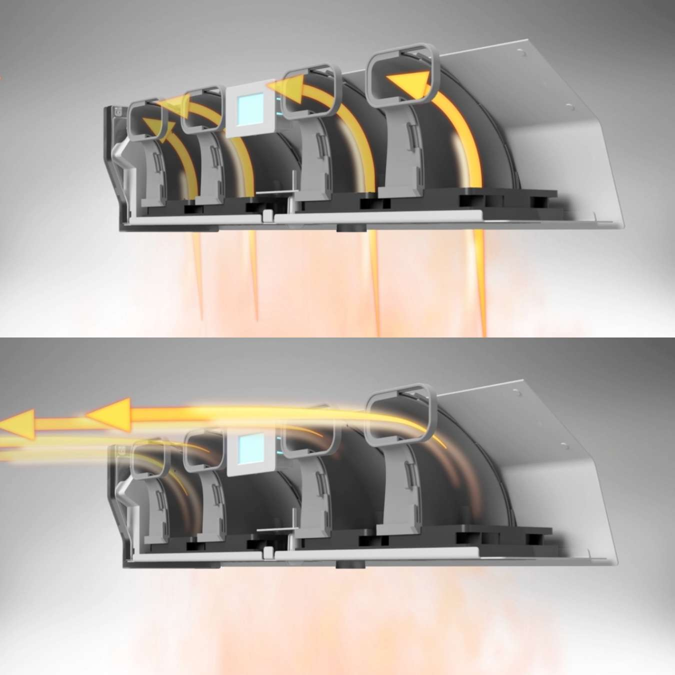 Diagram met luchtstroom door een apparaat met een reeks ventilatorachtige structuren.