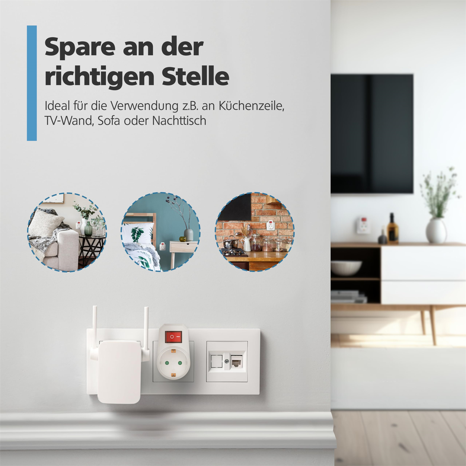 Eine weiße Wand mit drei Bildern. Eine Steckdose und ein Router sind sichtbar.