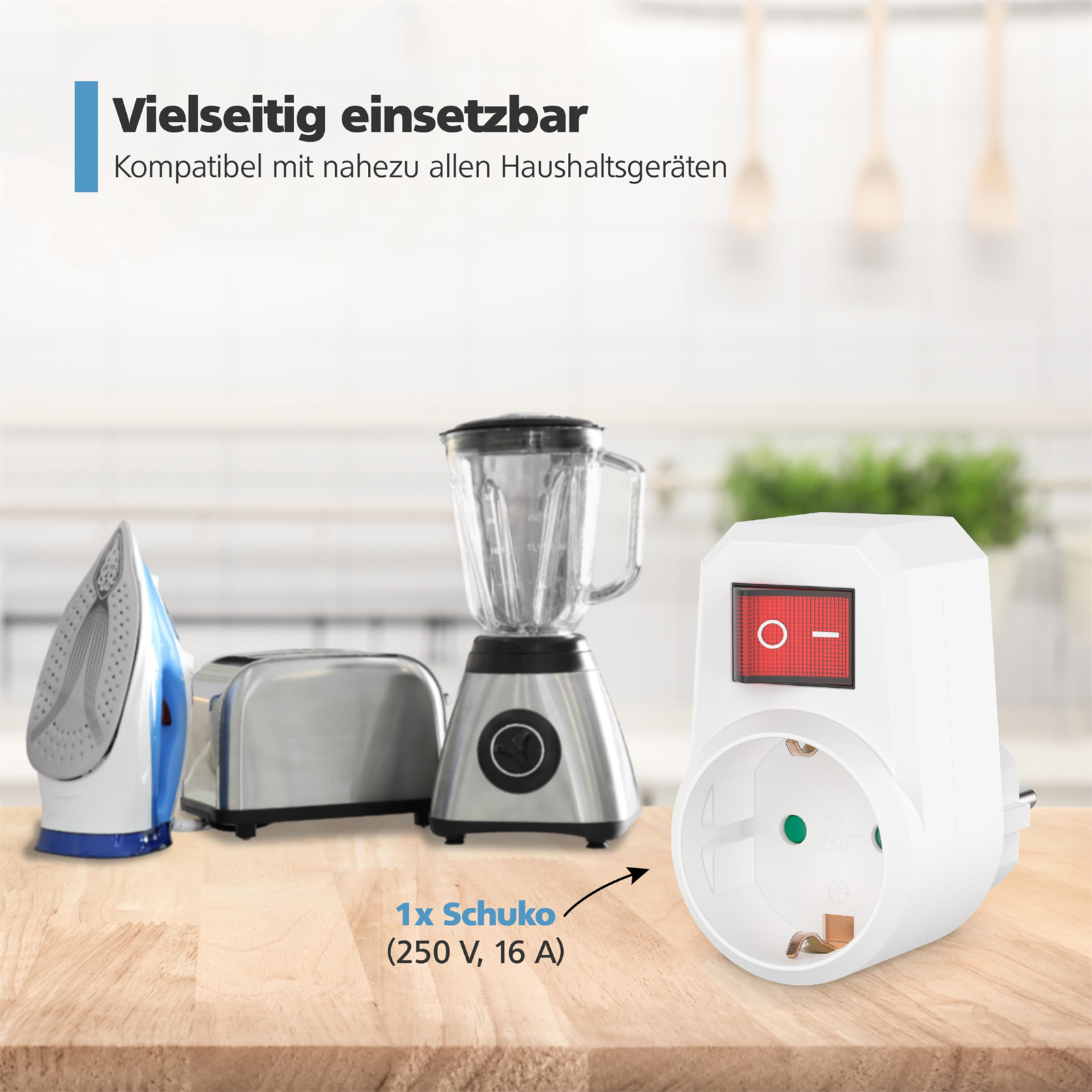 Verschiedene Haushaltsgeräte mit einem weißen Steckdosenadapter.