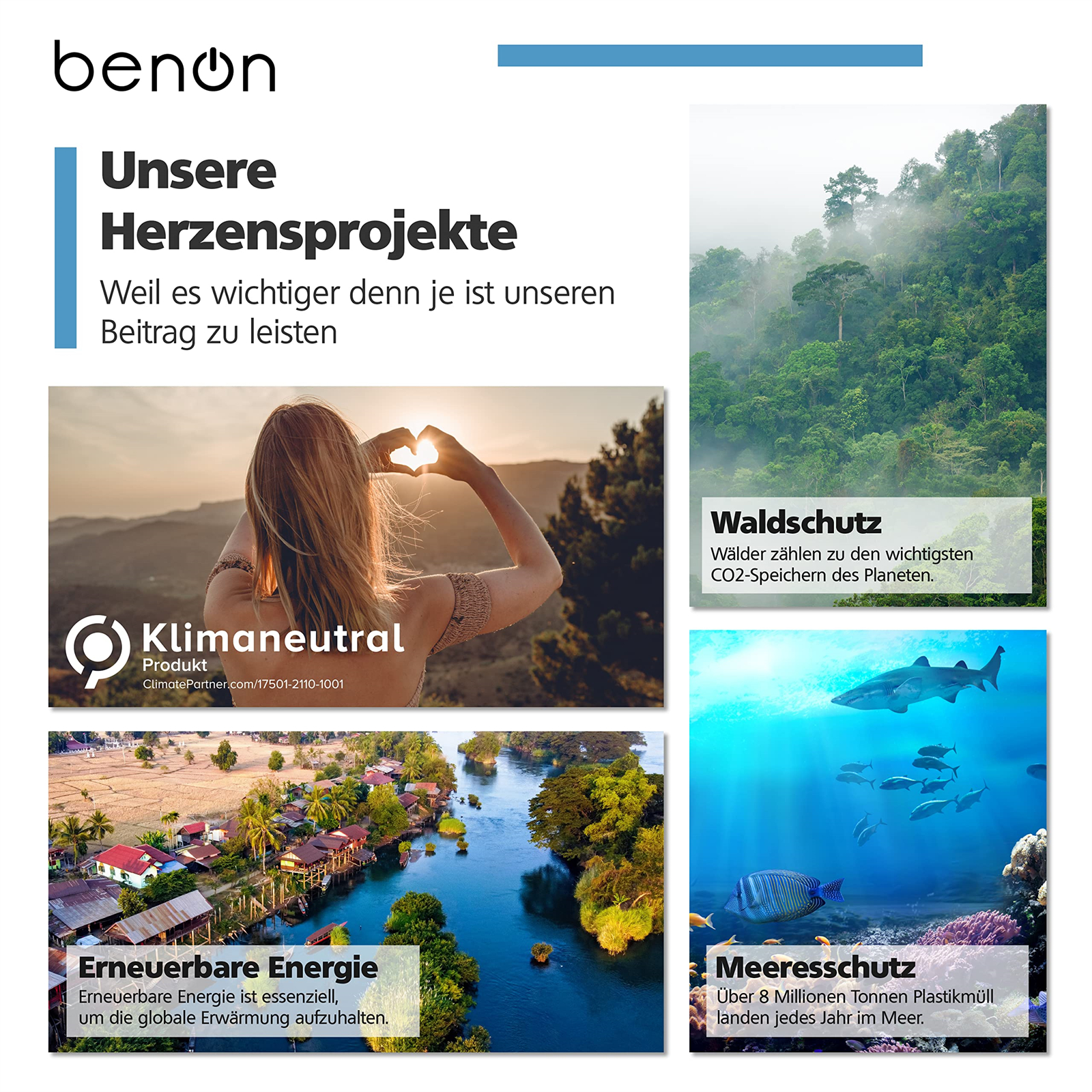 Grafik mit Fotos zum Klimaschutz: Wald, Frau, Haie und erneuerbare Energien.