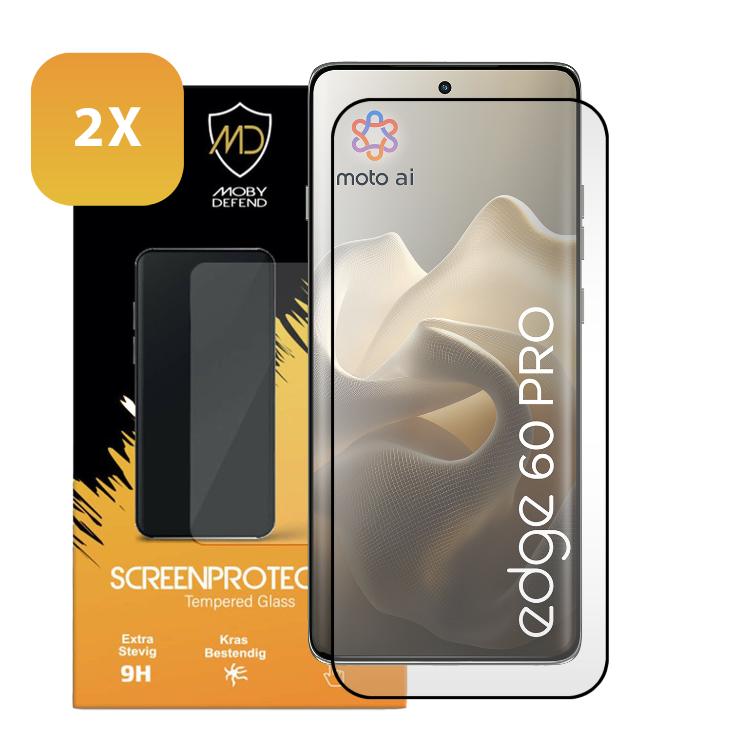 Een telefoonbeschermer verpakking met twee beschermers, en een telefoon met screenprotector erop.