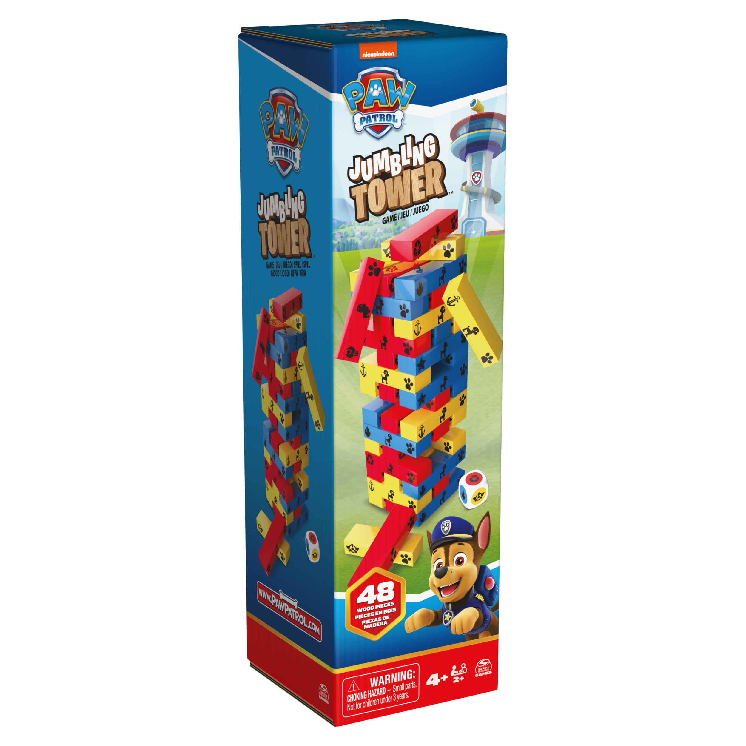 Pudełko gry Paw Patrol Jumbling Tower z kolorowymi klockami i postaciami z kreskówek.