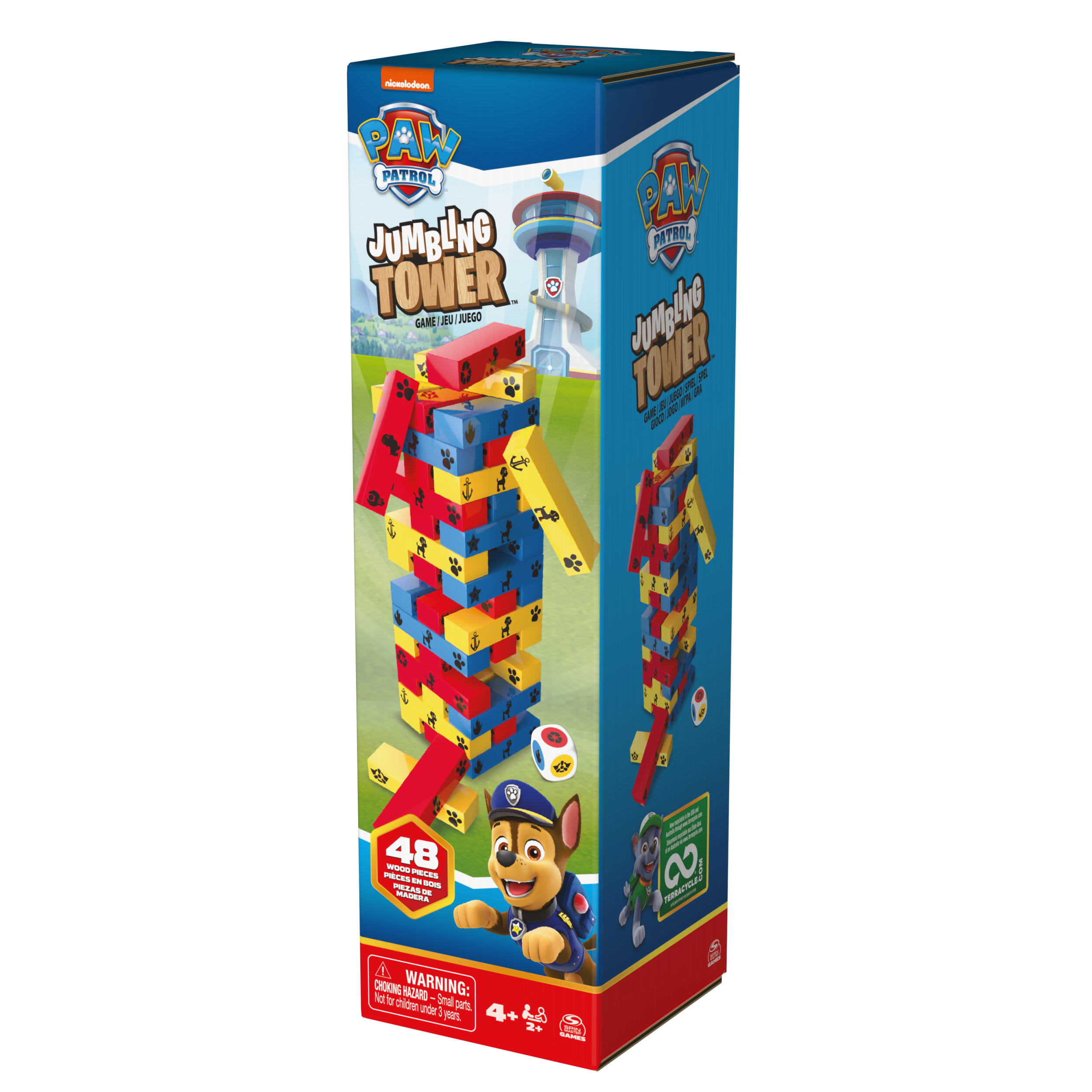 Pudełko gry Paw Patrol Jumbling Tower z Chase'em, wieżą i elementami gry.