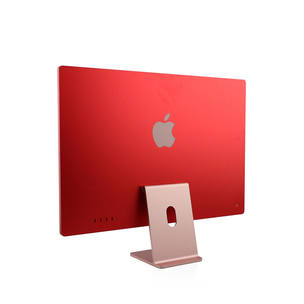 Tył czerwonego monitora komputera z logo Apple i srebrną podstawą.