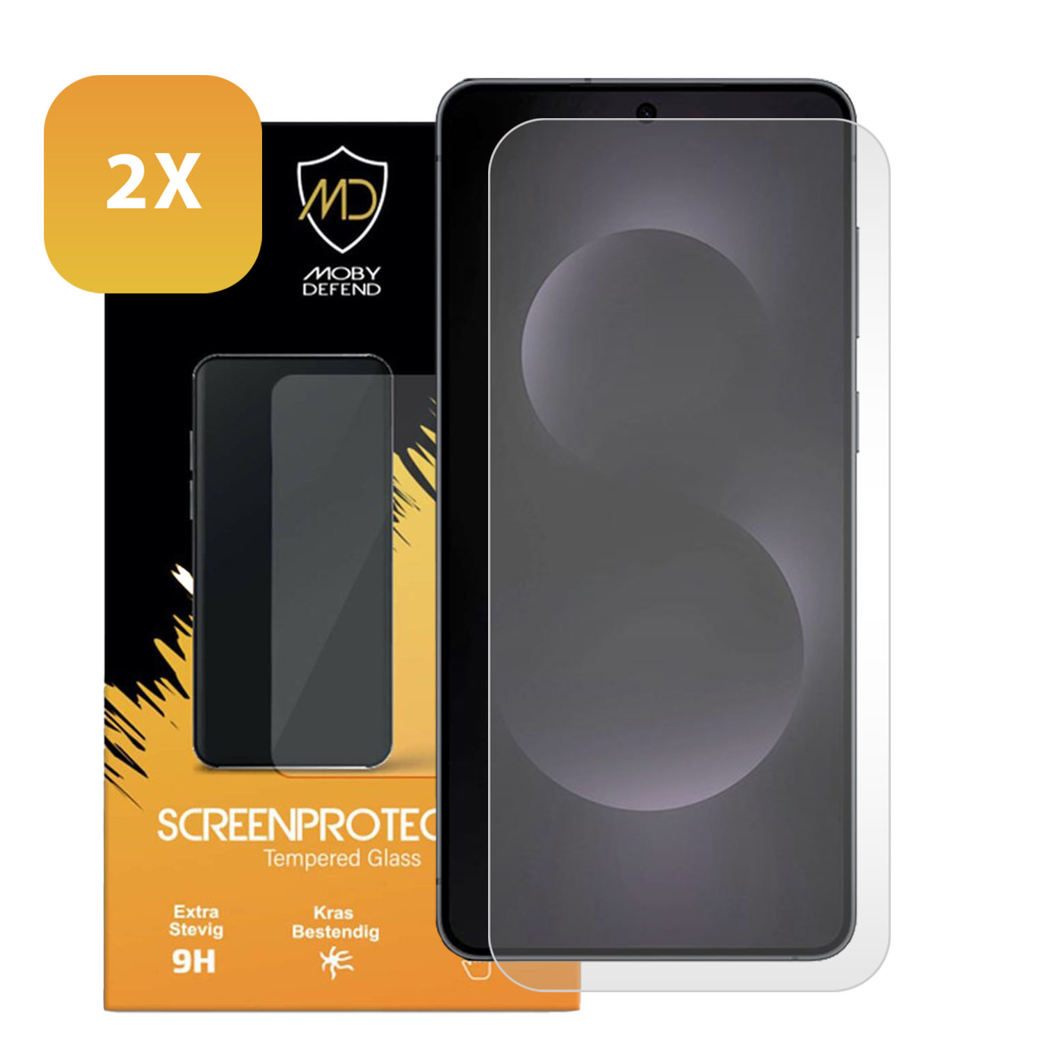 Deux protections d'écran pour un téléphone. L'emballage est noir et porte le nom de la marque et les infos du produit.