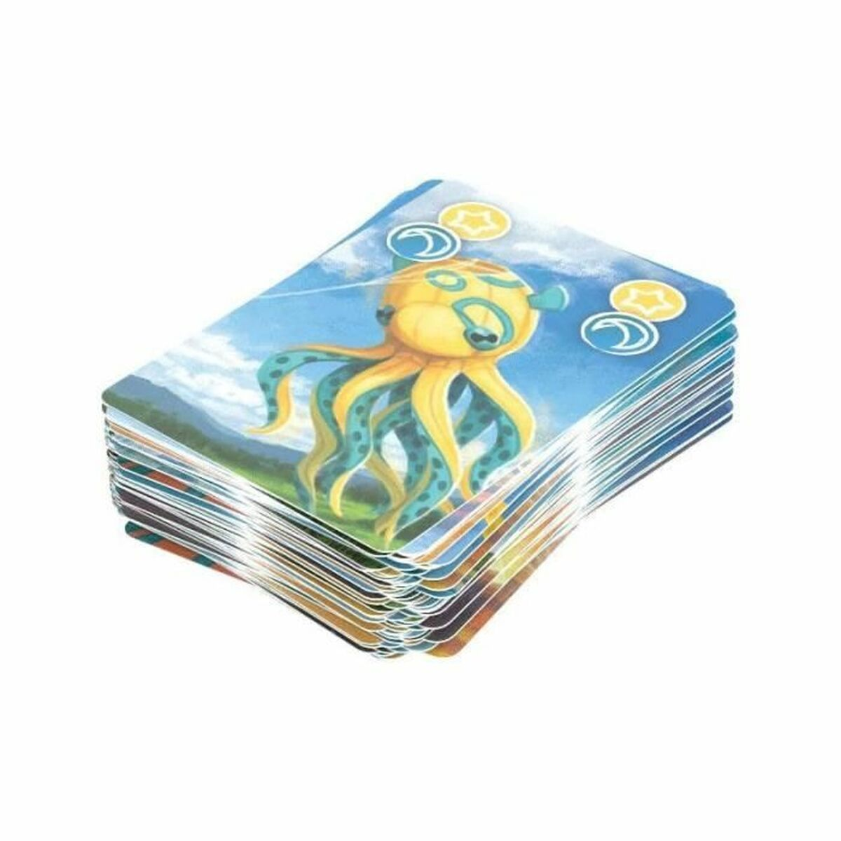 Mazzo di carte illustrate con un polpo, su sfondo di cielo blu.