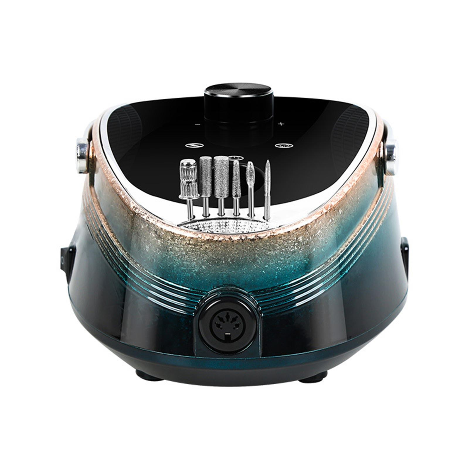 Eine Nagelfräsmaschine mit Werkzeugen. Die Maschine ist schwarz und türkis mit Touchscreen und Lichtern.