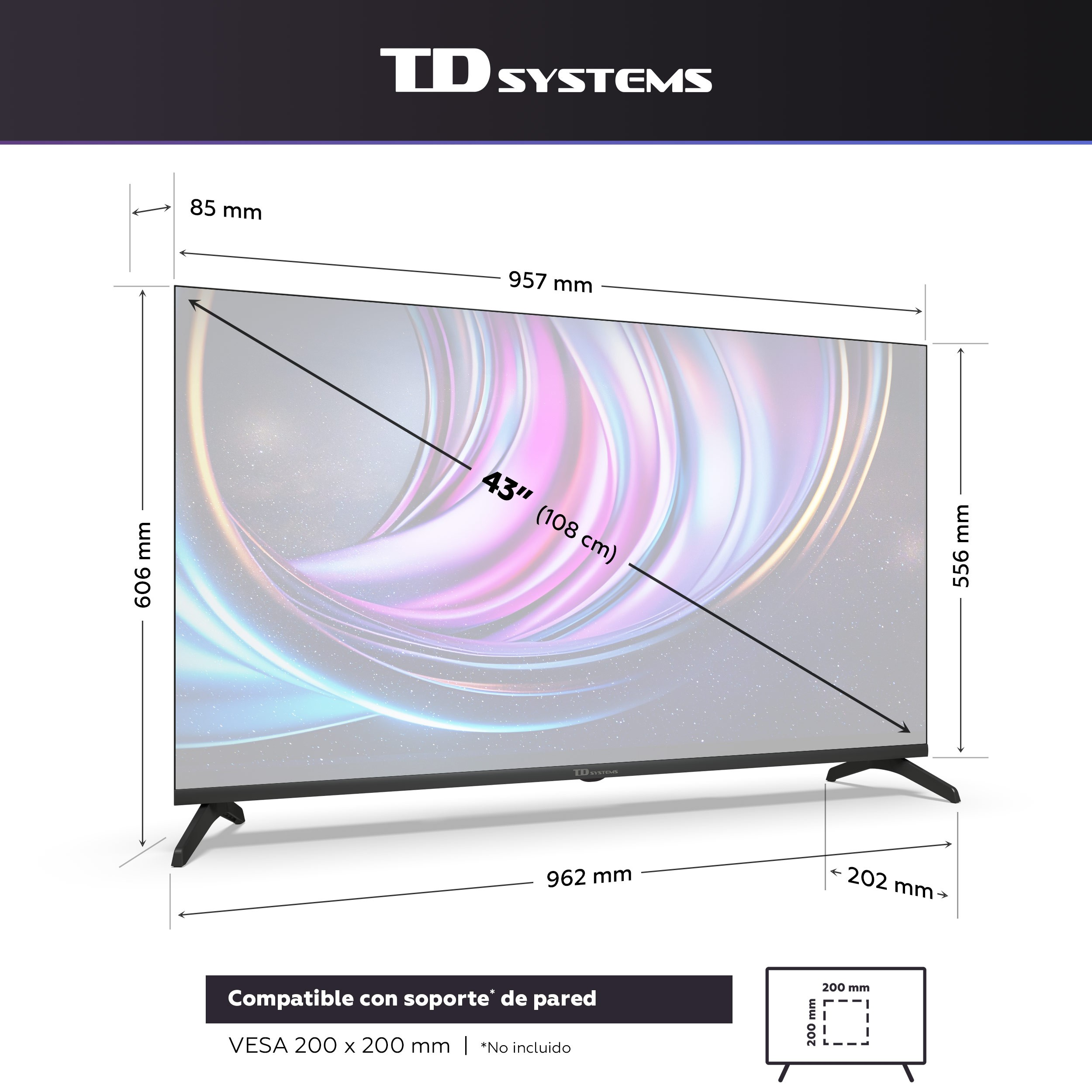 TV de 43 pulgadas con dimensiones, logotipo e información del producto.