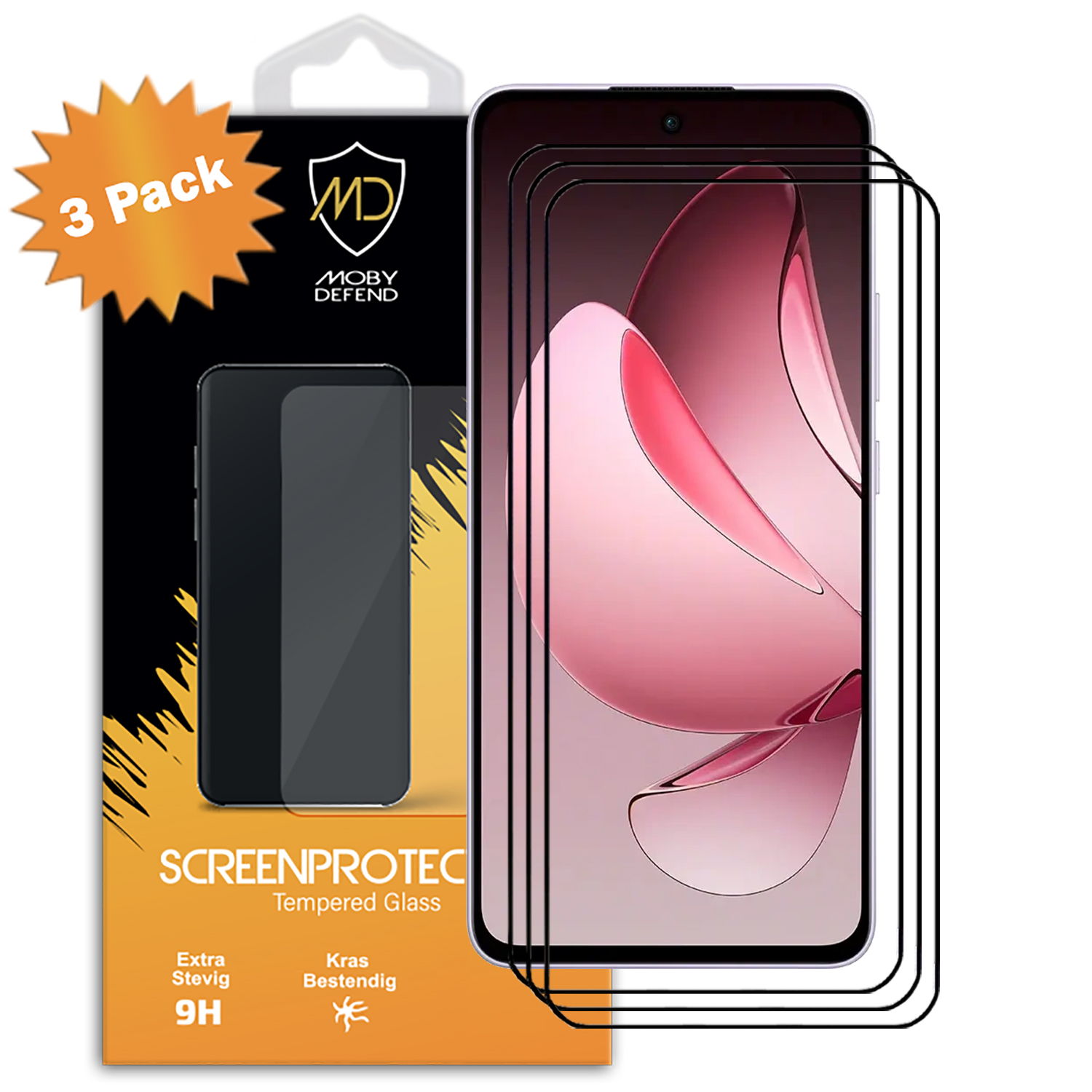 Protecteurs d'écran en pack de 3 avec un téléphone et détails du produit.