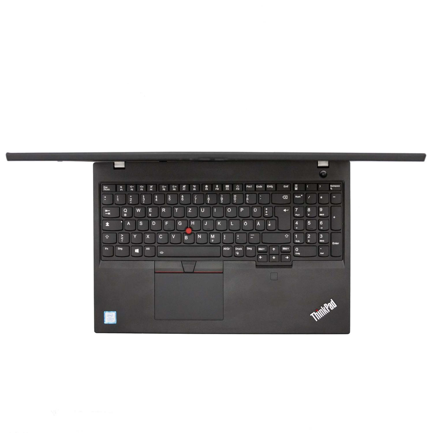 Draufsicht auf ein schwarzes ThinkPad-Laptop mit geöffnetem Bildschirm.