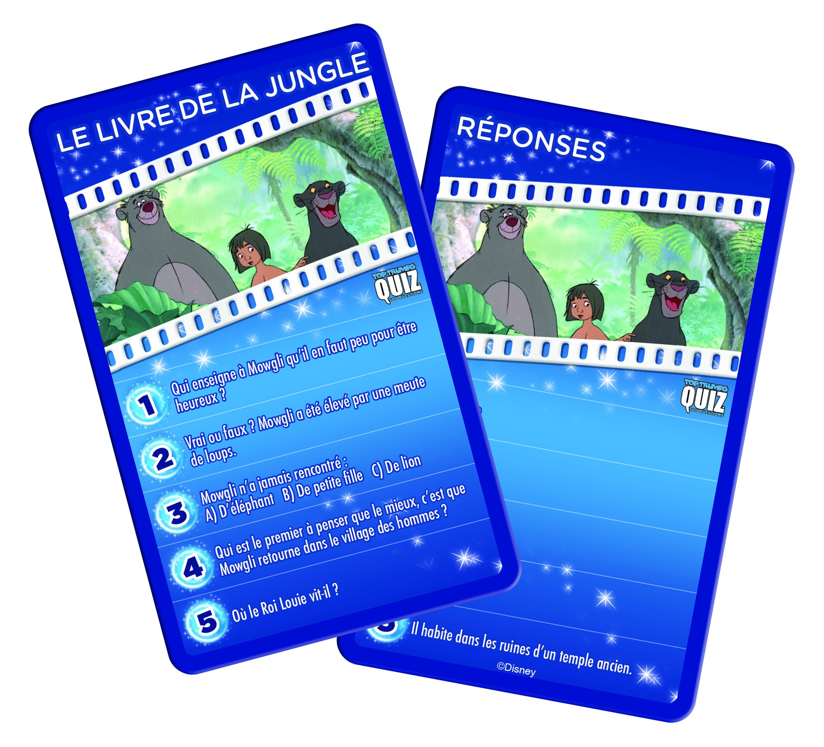 Zwei Disney Quiz-Karten mit Bildern von Mogli und Balu aus dem Dschungelbuch-Film.