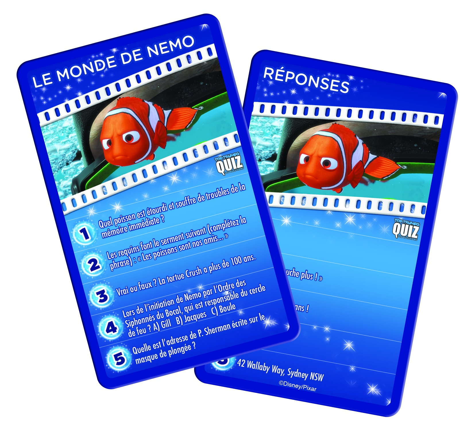 Zwei Karten mit Quizfragen und Antworten zu Findet Nemo. Bunte, cartoonartige Illustrationen.