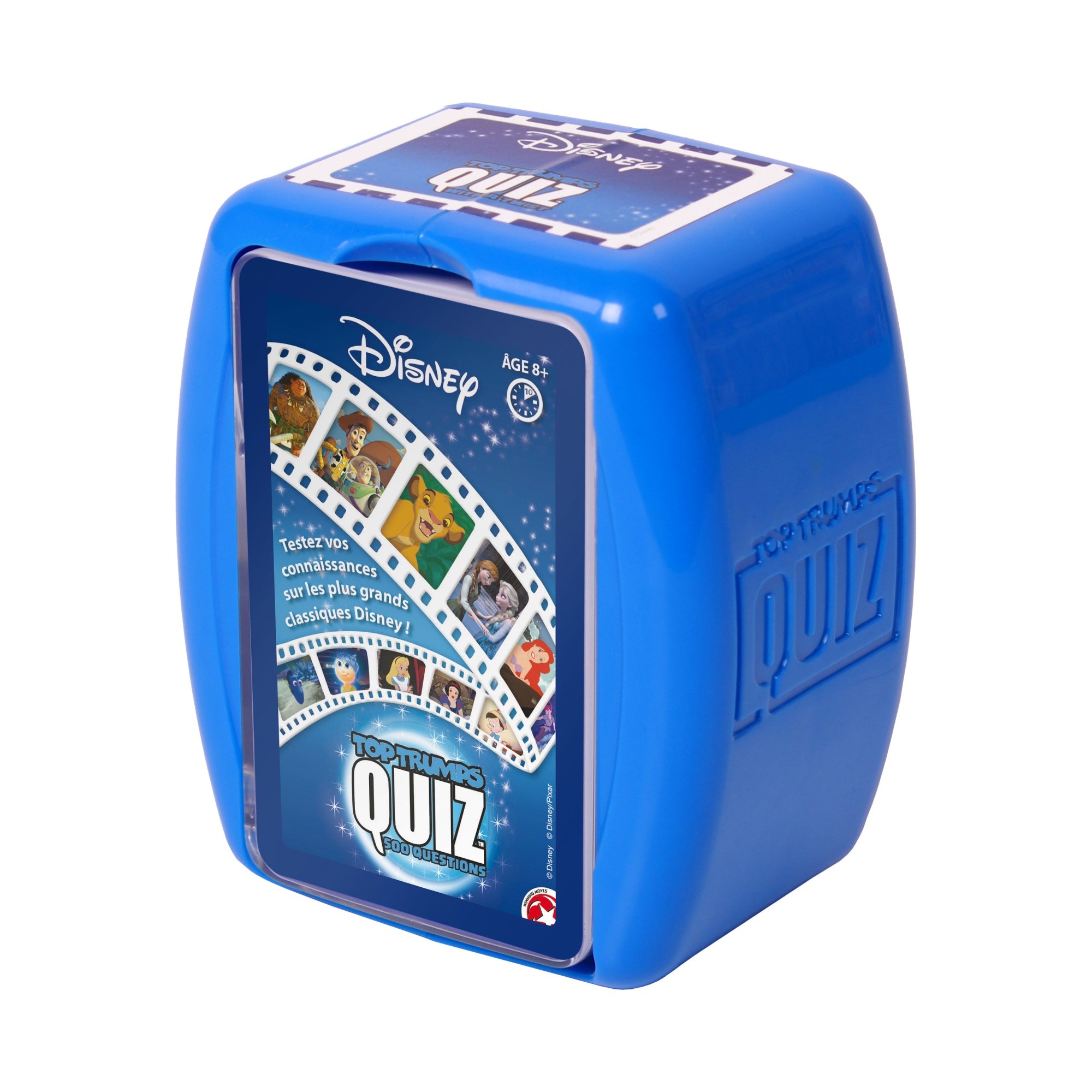 Blaue Disney Top Trumps Quizbox mit Karte mit Disney-Charakteren.