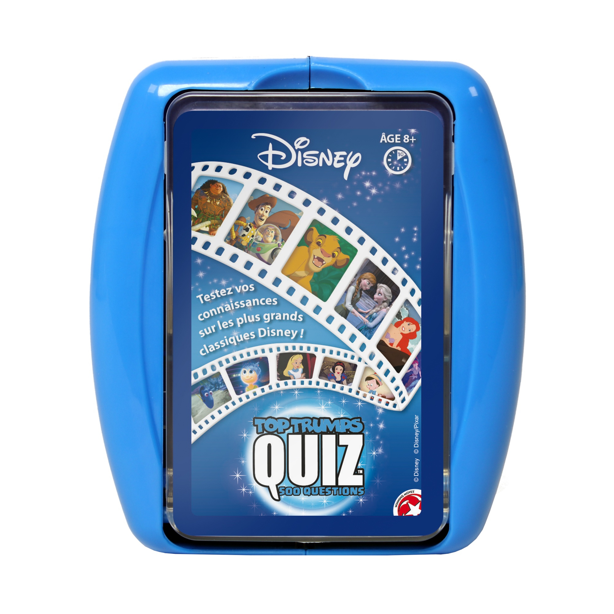 Ein Disney Top Trumps Quiz-Spiel in einem blauen Gehäuse zeigt Disney-Charaktere.