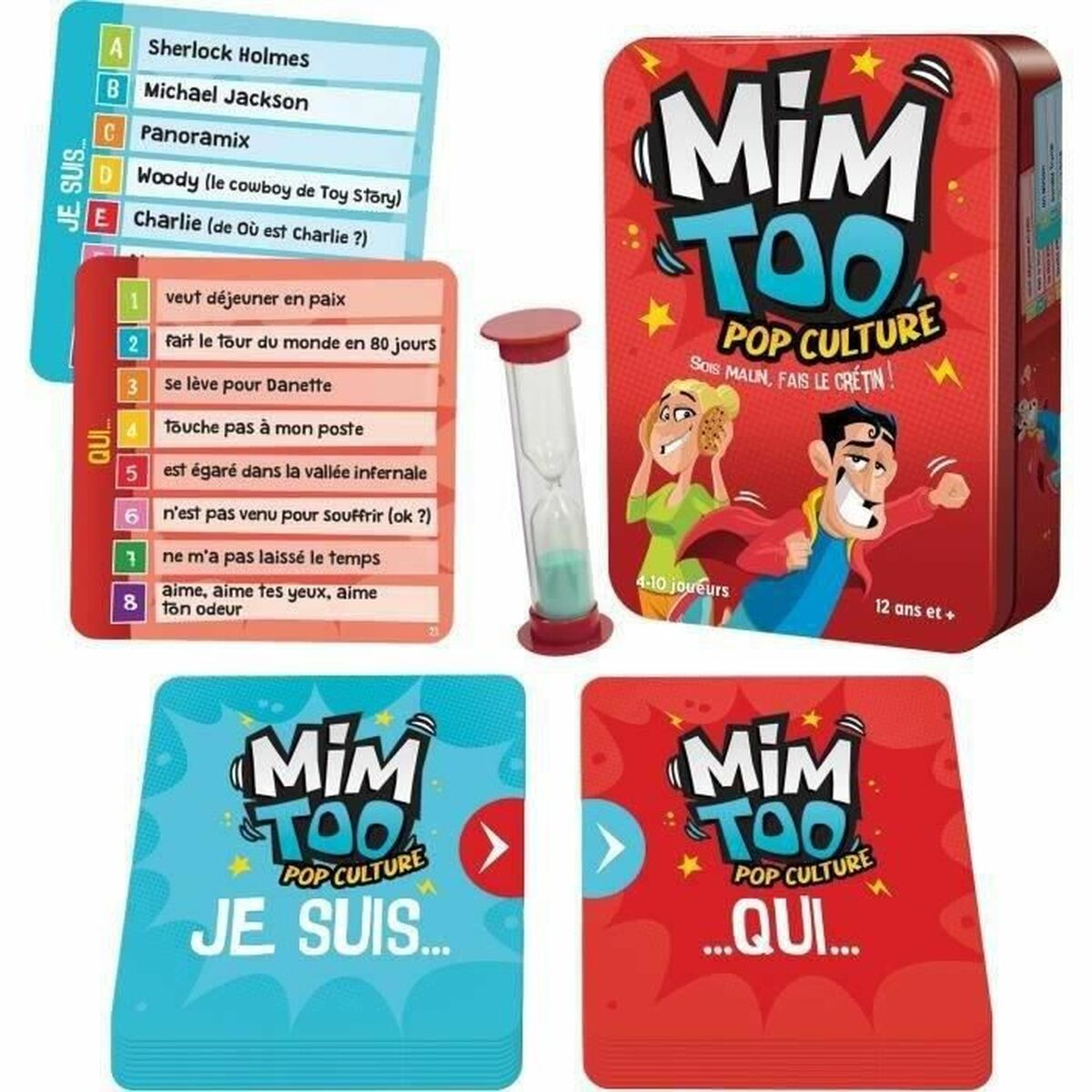Un gioco con carte, una clessidra e una scatola di metallo rossa con personaggi dei cartoni animati e testo.