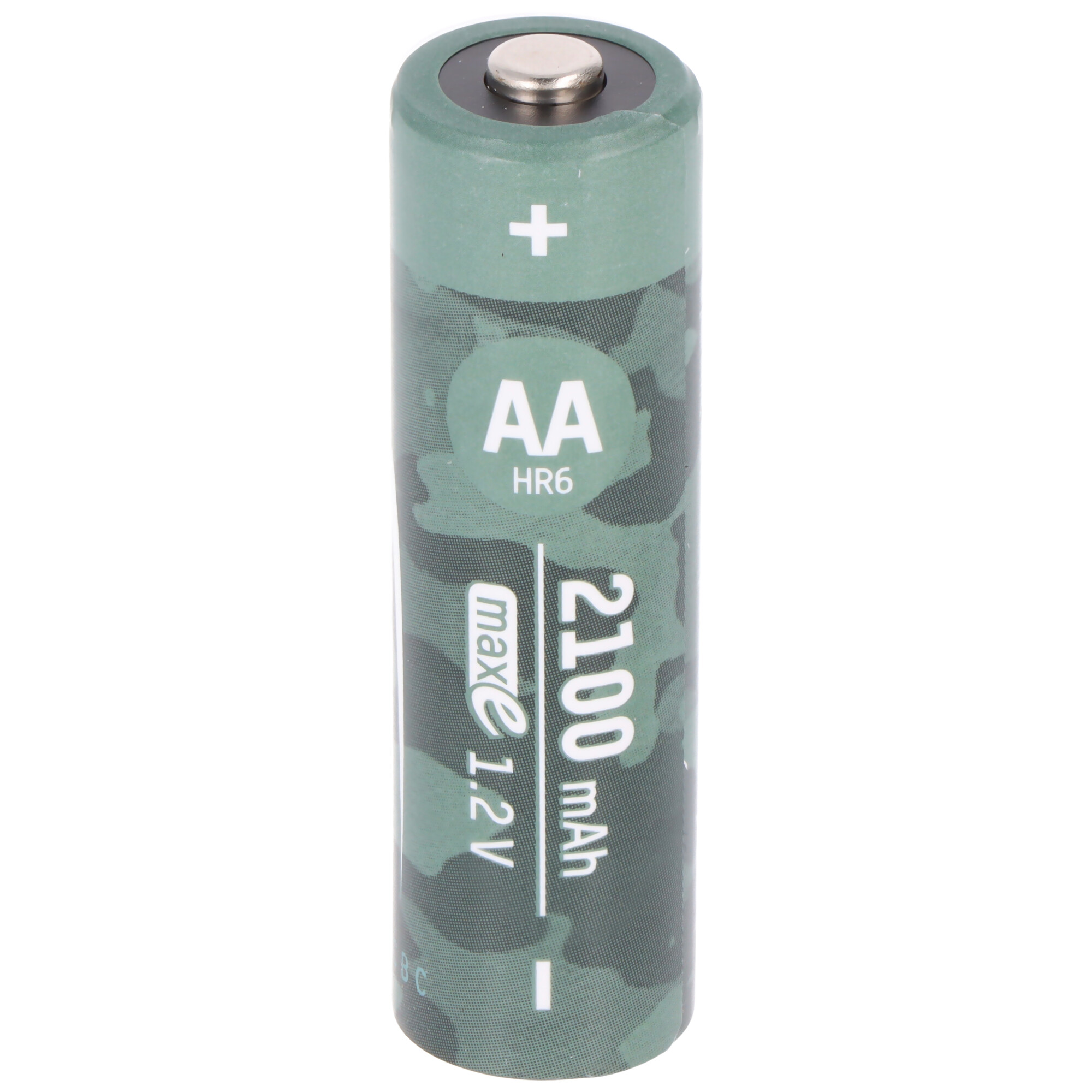 AA-batterij, groen met camouflagepatroon. Heeft plus- en mintekens. Toont 2100 mAh en 1,2 V.
