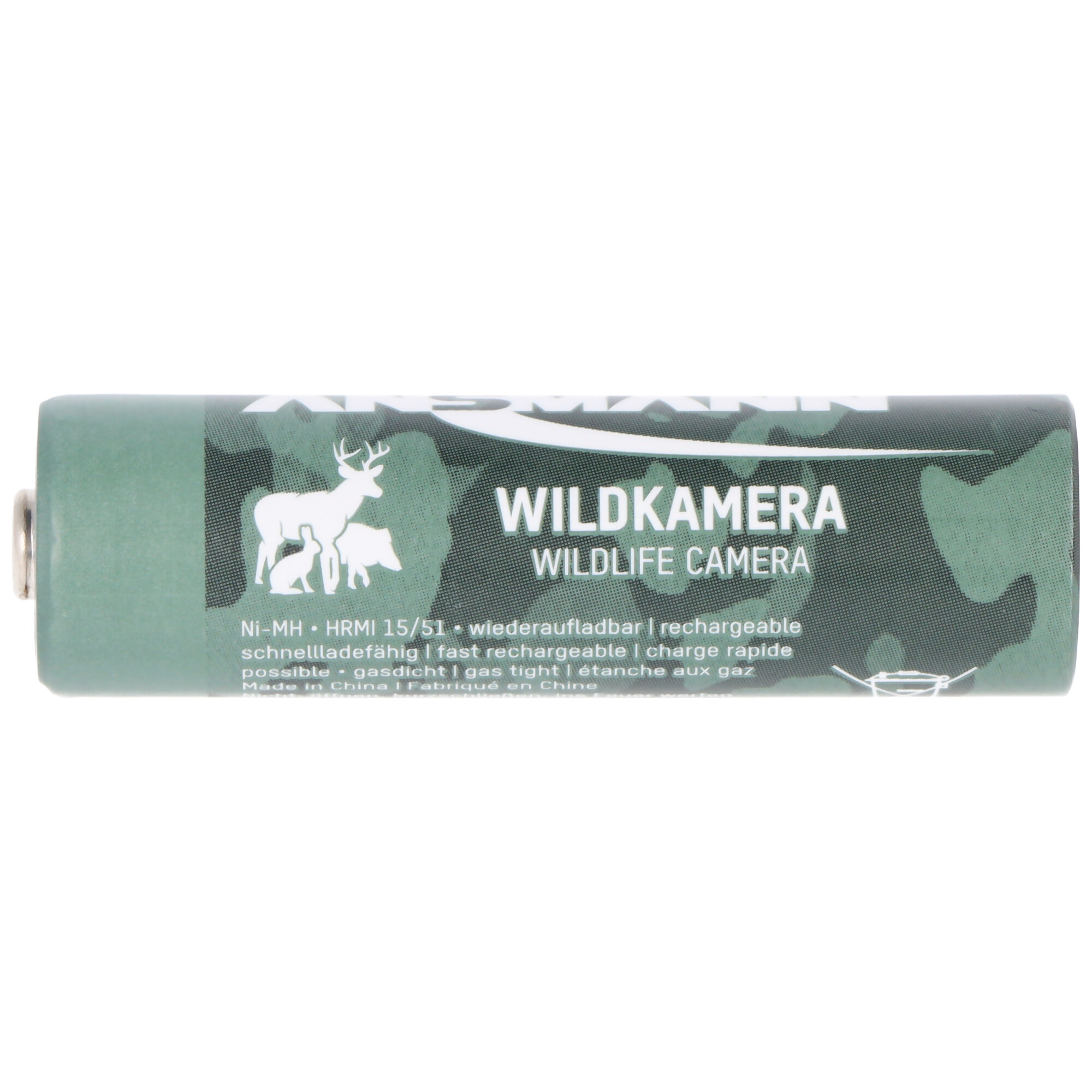 Een groene batterij met de tekst 'WILDKAMERA WILDLIFE CAMERA' erop gedrukt.