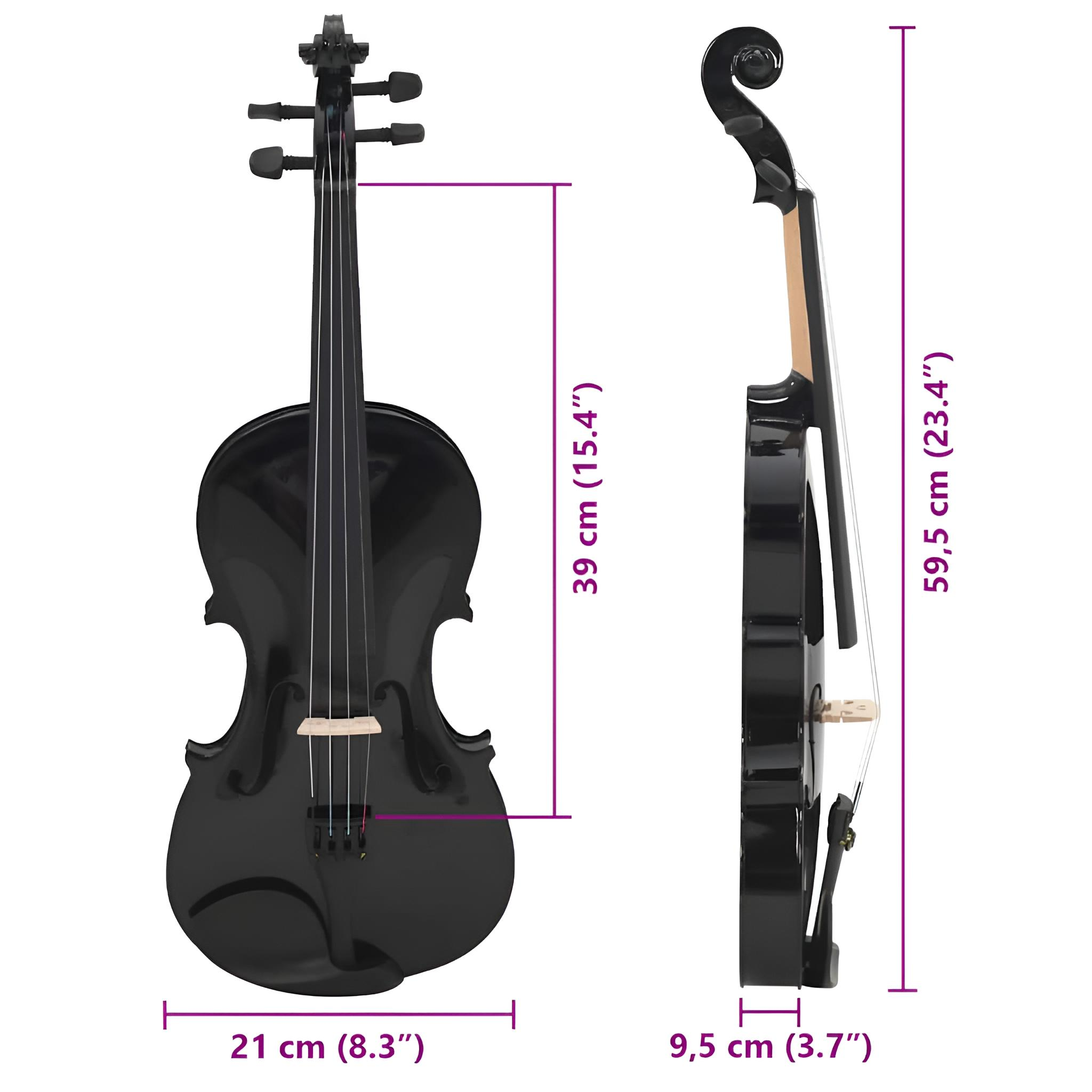 Schwarze Geige mit Maßangaben. Vorder- und Seitenansicht. Abmessungen sind 21cm, 39cm und 59,5cm.