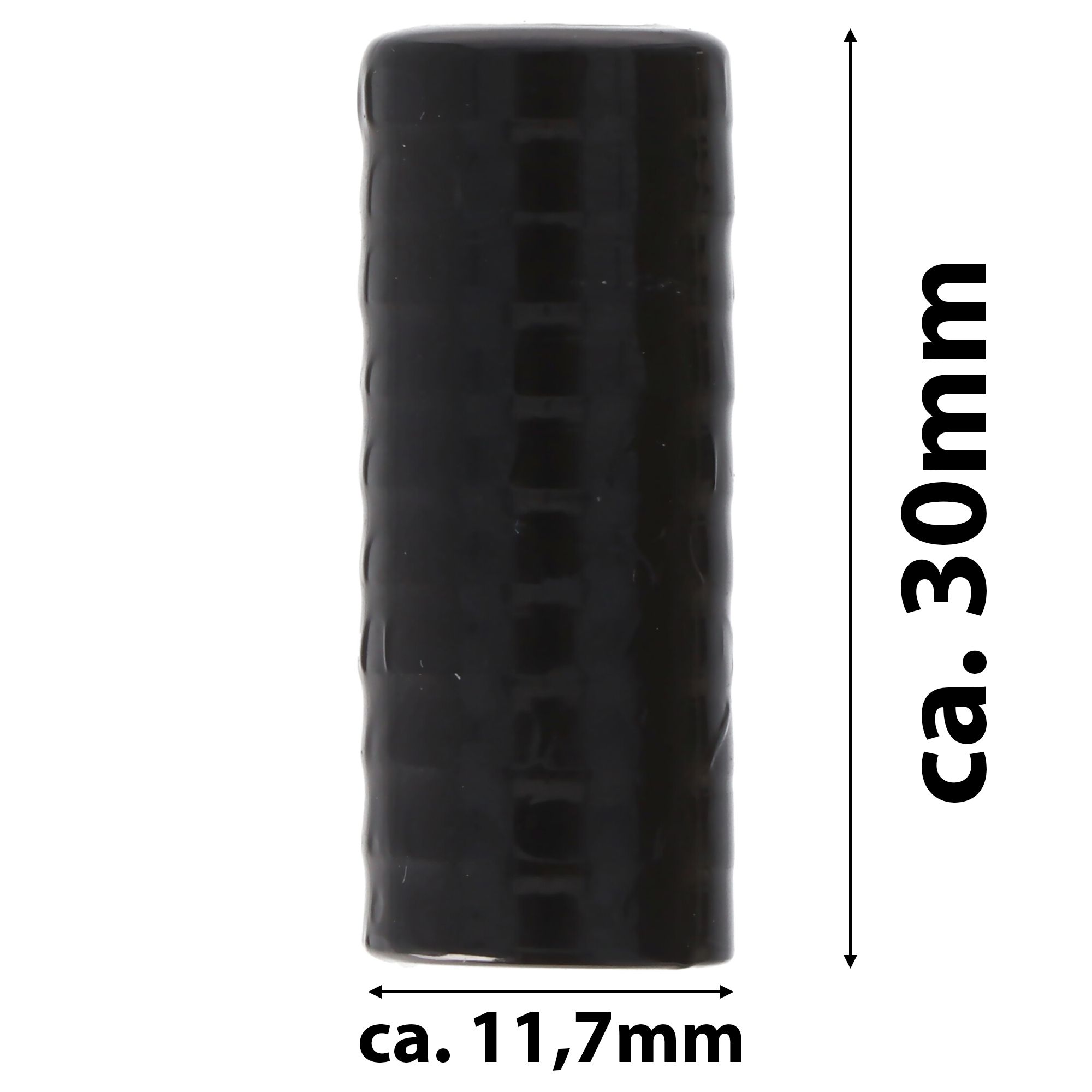 Ein kurzes schwarzes Objekt, möglicherweise ein Griff, mit den Maßen 30 mm und 11,7 mm.