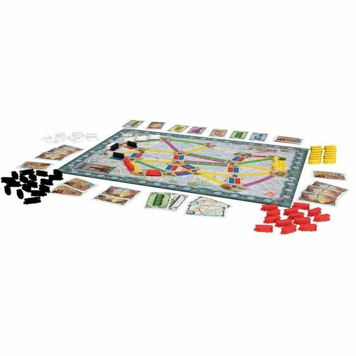 Ticket to Ride Brettspiel mit Spielbrett, Karten und Zügen.