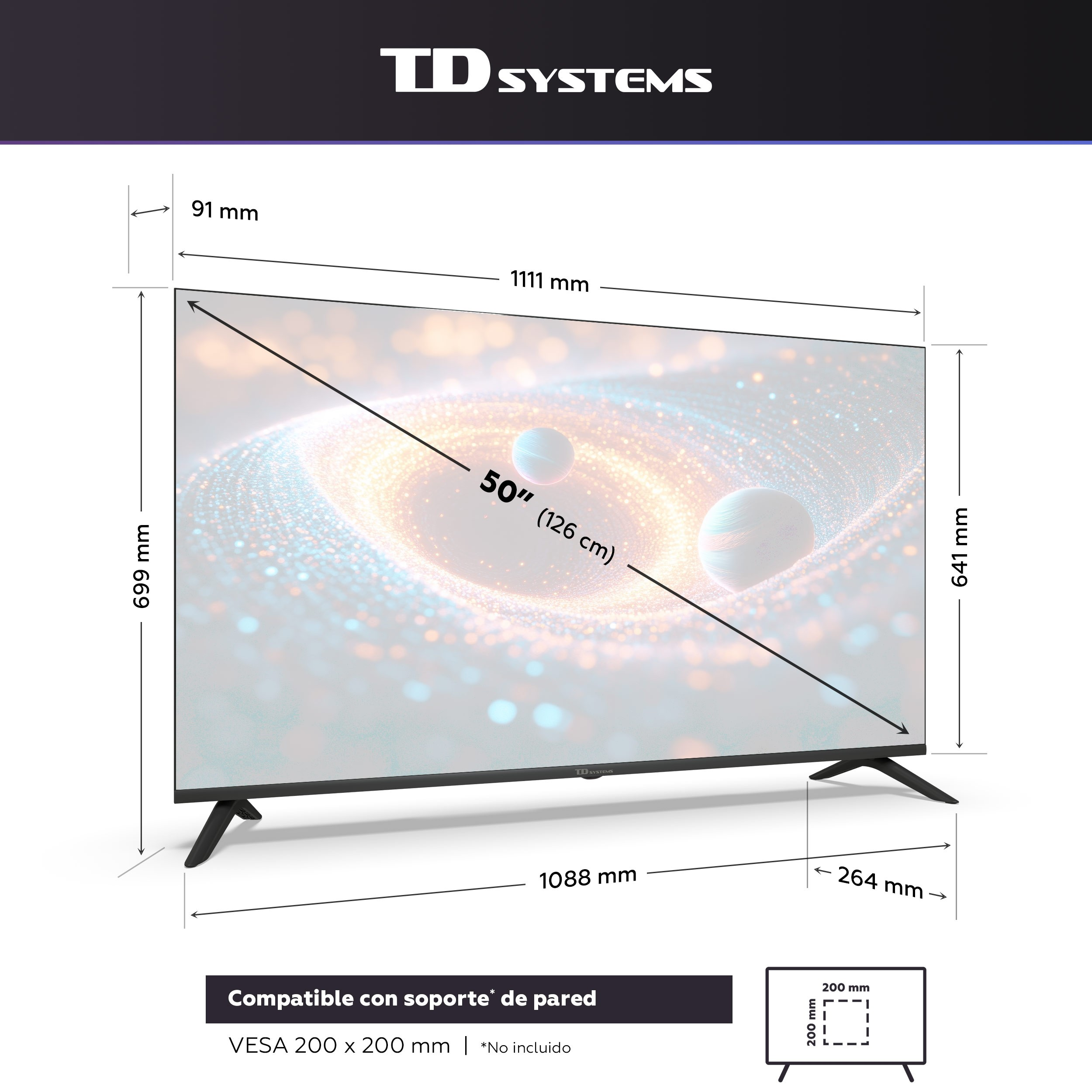 Un televisor negro que muestra dimensiones y un diagrama de montaje VESA.