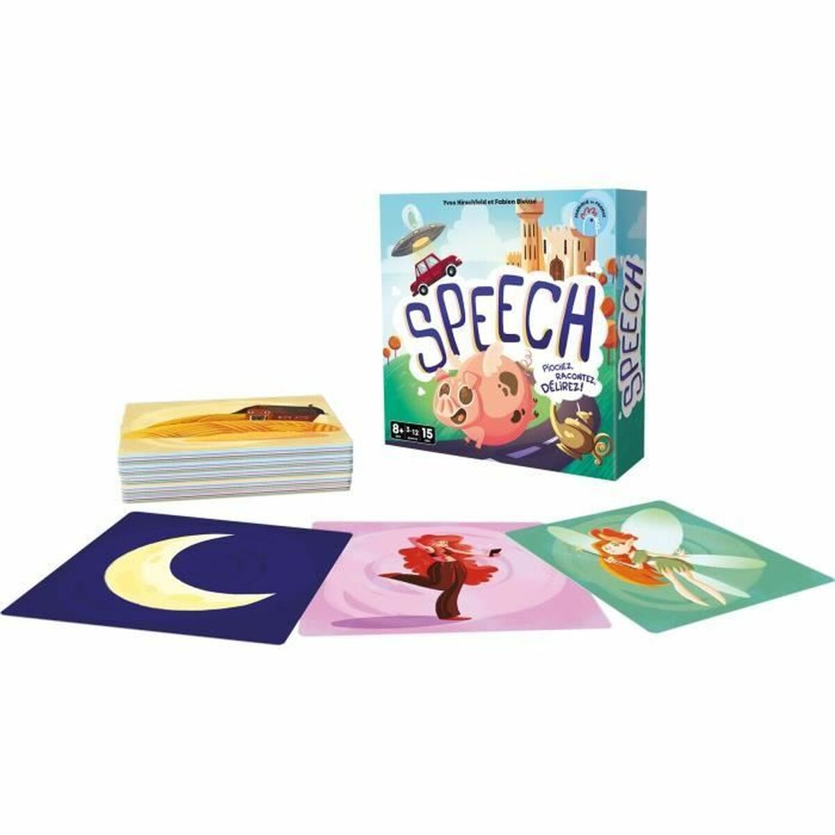 Eine Brettspielbox mit Karten, einige Karten liegen auf dem Tisch.
