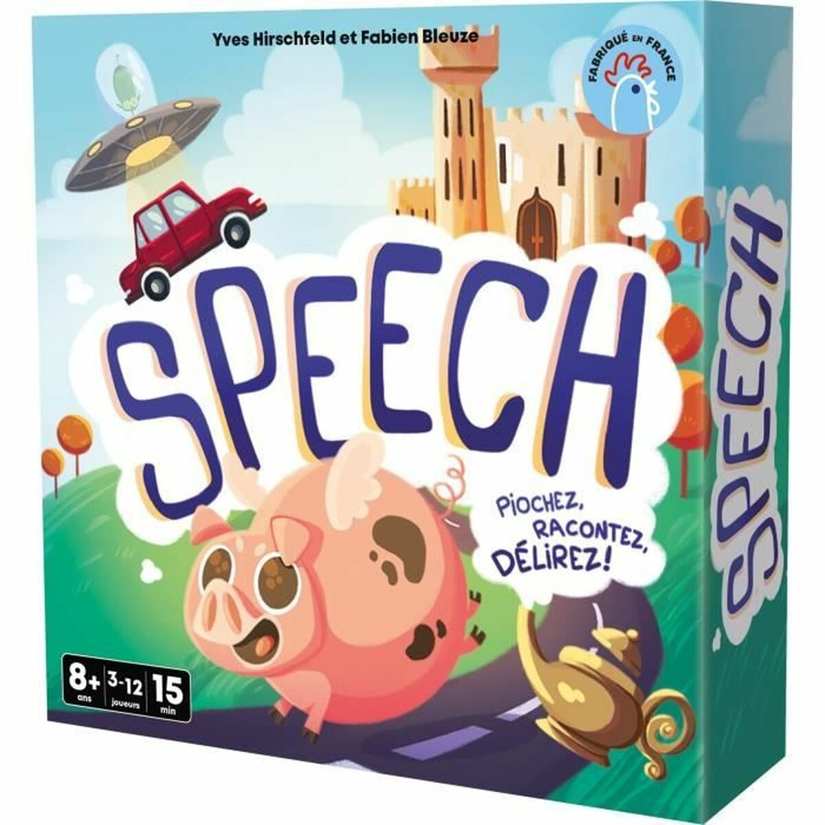 Eine Brettspielbox mit Cartoon-Kunst, die ein Schwein, ein Auto, ein Schloss und ein Ufo darstellt. Text: SPEECH.