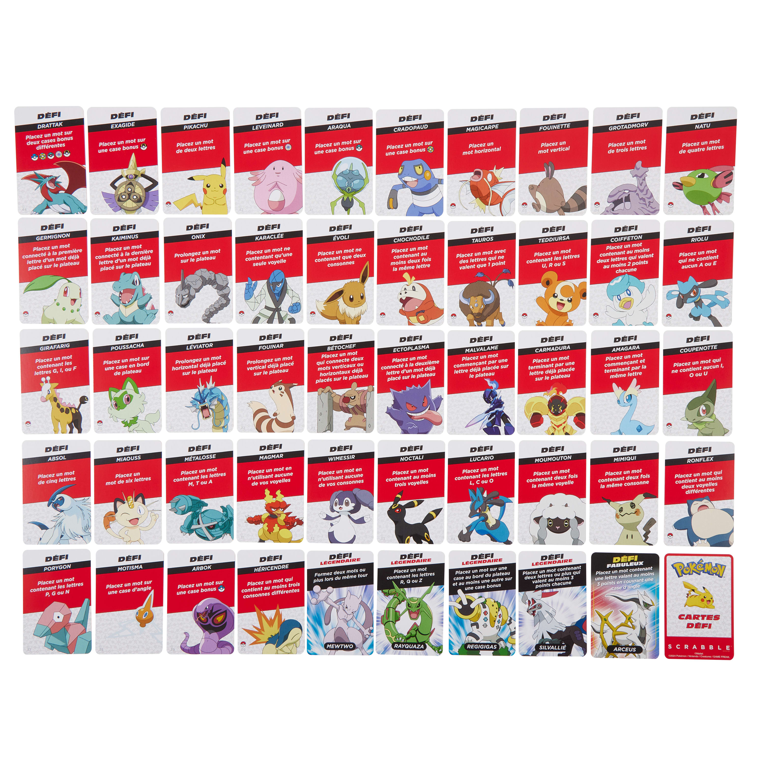 Veel kleine kaarten met Pokémon-personages en Franse tekst. Sommige kaarten hebben Pokémon-namen.