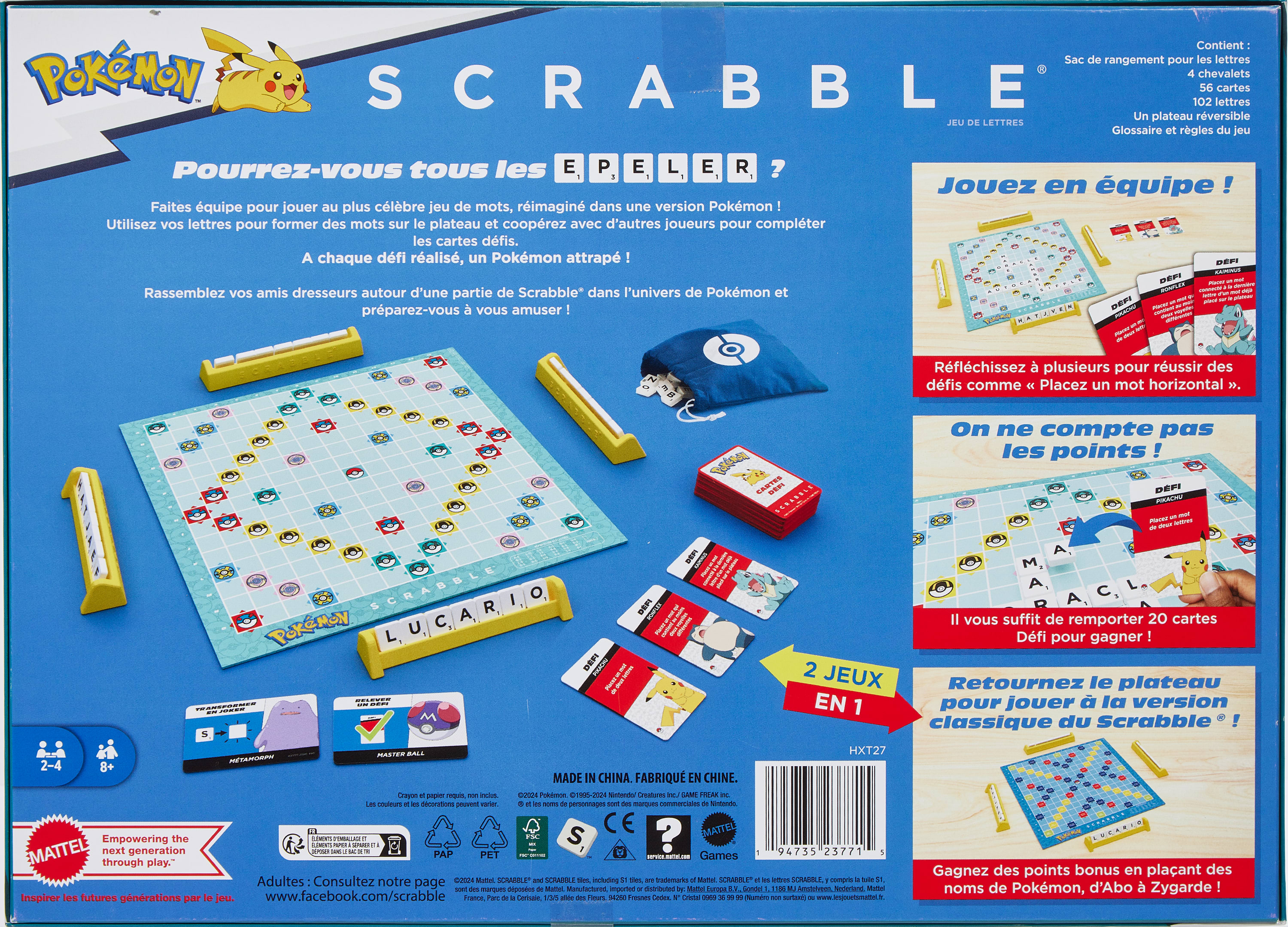 Afbeelding toont de achterkant van een Pokémon Scrabble bordspeldoos, met tekst, spelstukken en een bord.