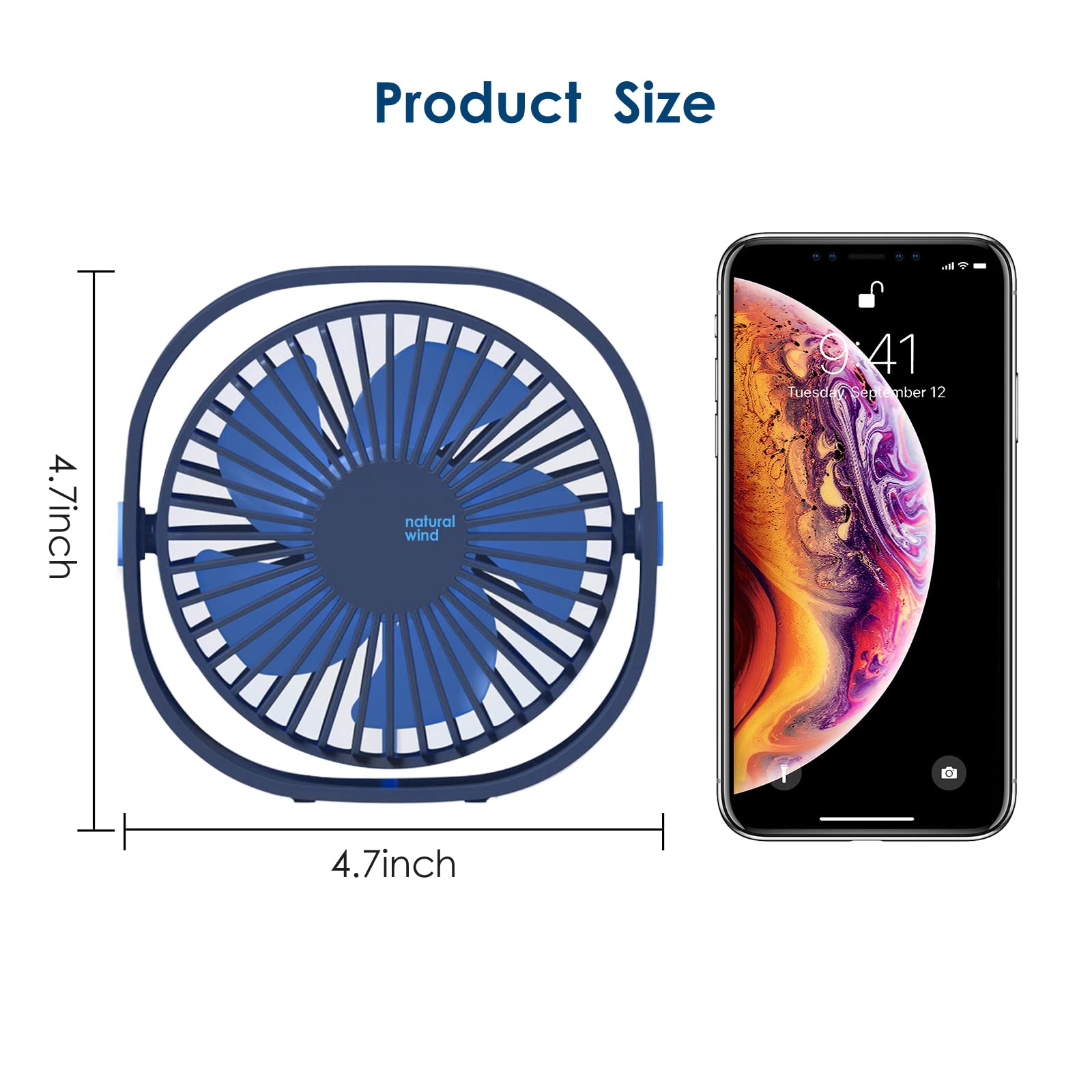 Das Bild zeigt einen kleinen Ventilator mit einem Telefon, beide nebeneinander, mit angegebenen Abmessungen.