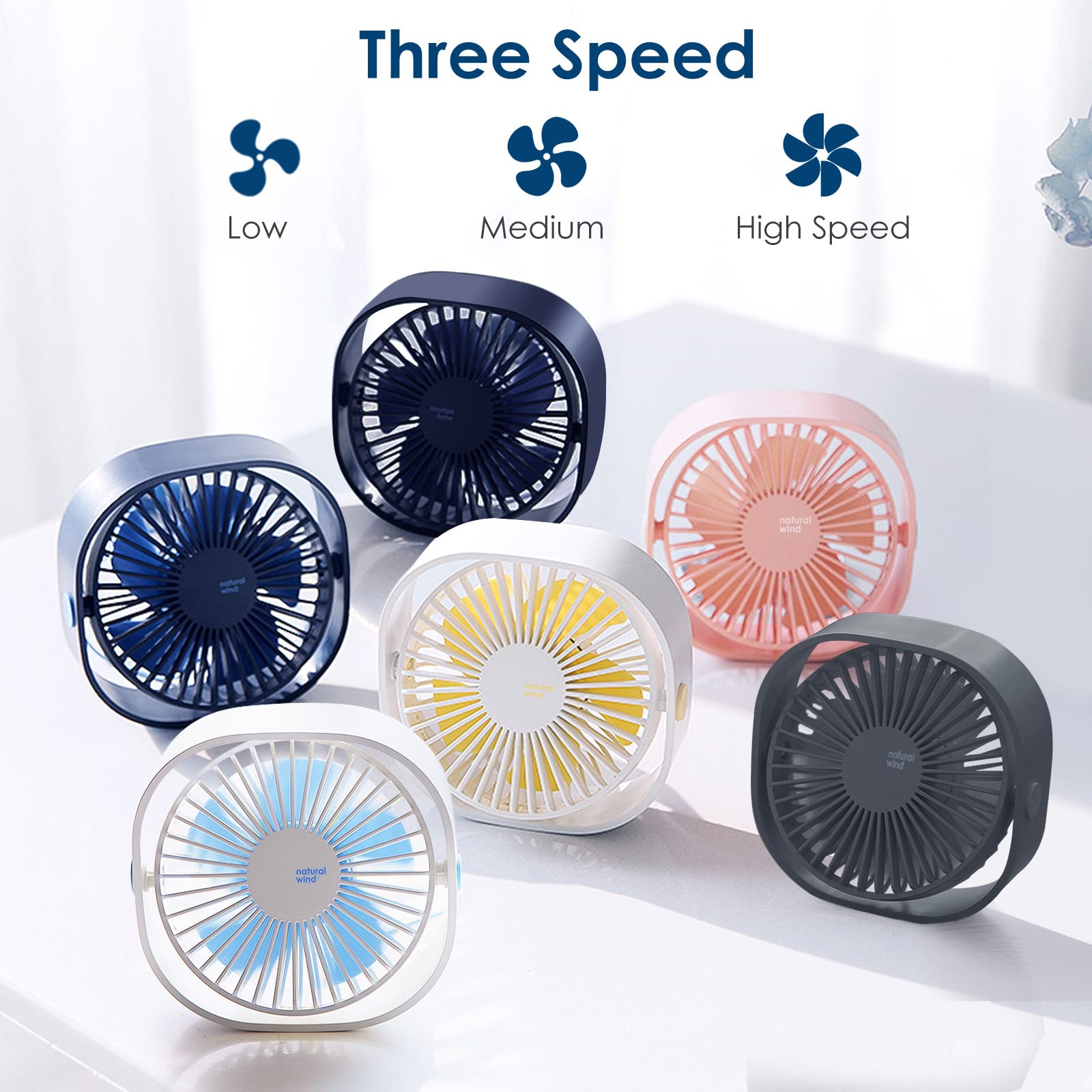 Sechs kleine Ventilatoren mit drei Geschwindigkeitseinstellungen: niedrig, mittel und hoch. Verschiedene Farben und Designs.