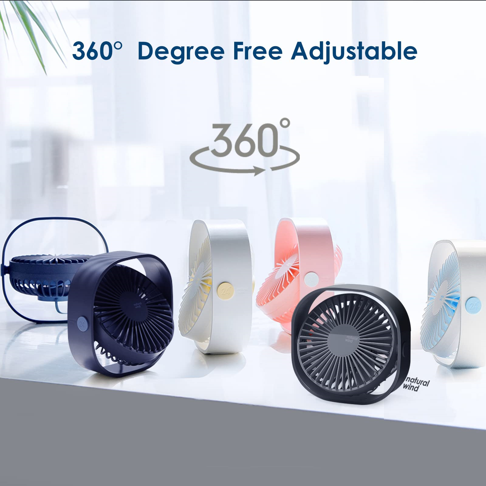 Mehrere kleine Ventilatoren in verschiedenen Farben auf einer Oberfläche, darüber ein 360-Grad-Symbol.