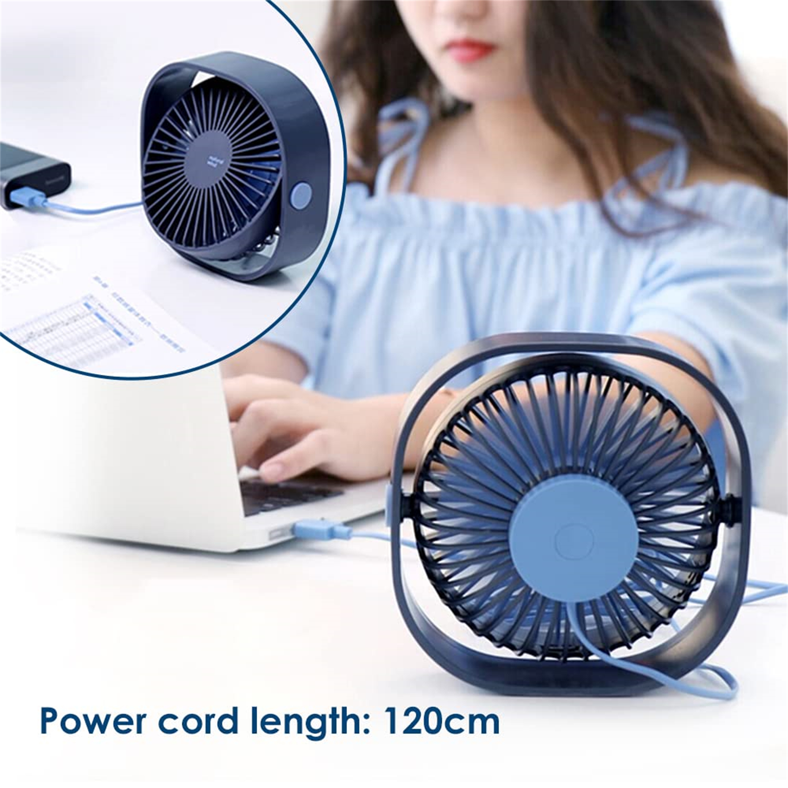 Kleiner blauer Ventilator neben einem Laptop. Der Ventilator ist an eine Stromquelle angeschlossen. Das Netzkabel ist 120 cm lang.