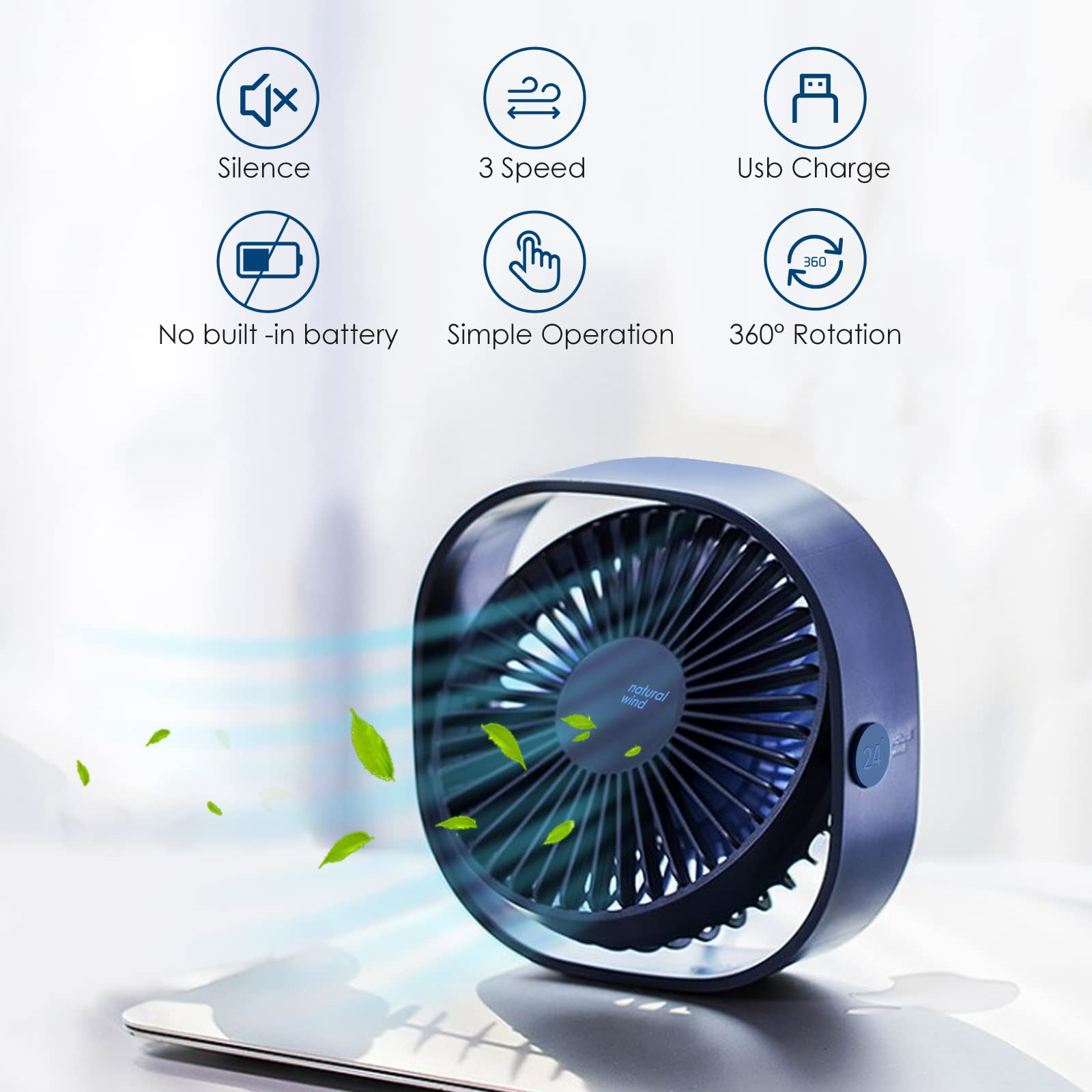 Das Bild zeigt einen kleinen Ventilator mit Blättern und Symbolen für Stille, Geschwindigkeit, USB-Laden und Drehung.