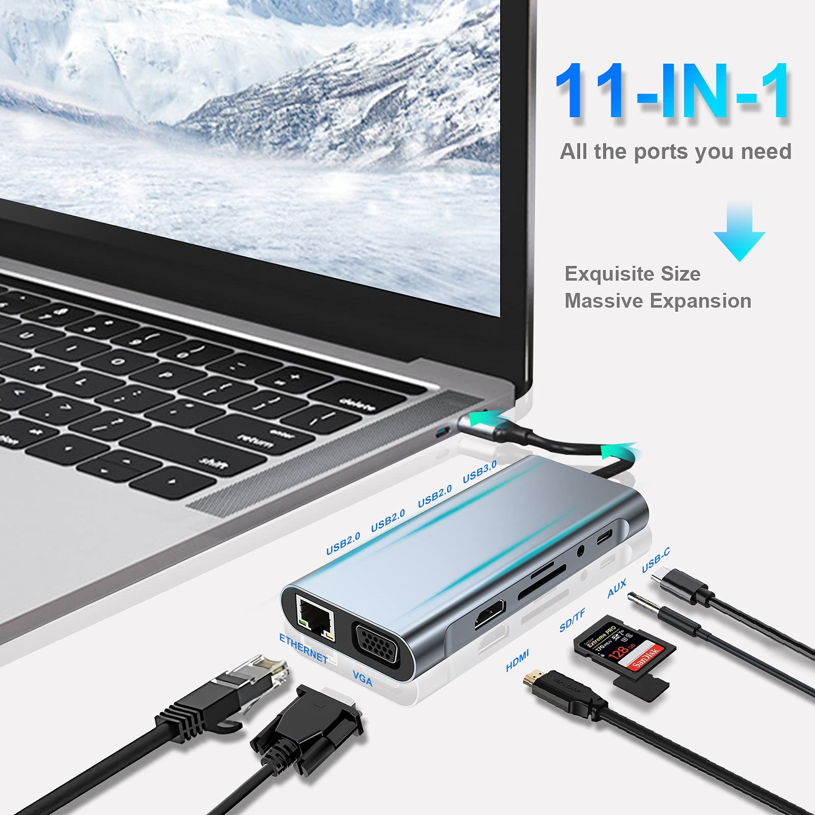 Laptop mit angeschlossenem USB-Hub. Der Hub hat mehrere Anschlüsse, darunter USB, HDMI und Ethernet.