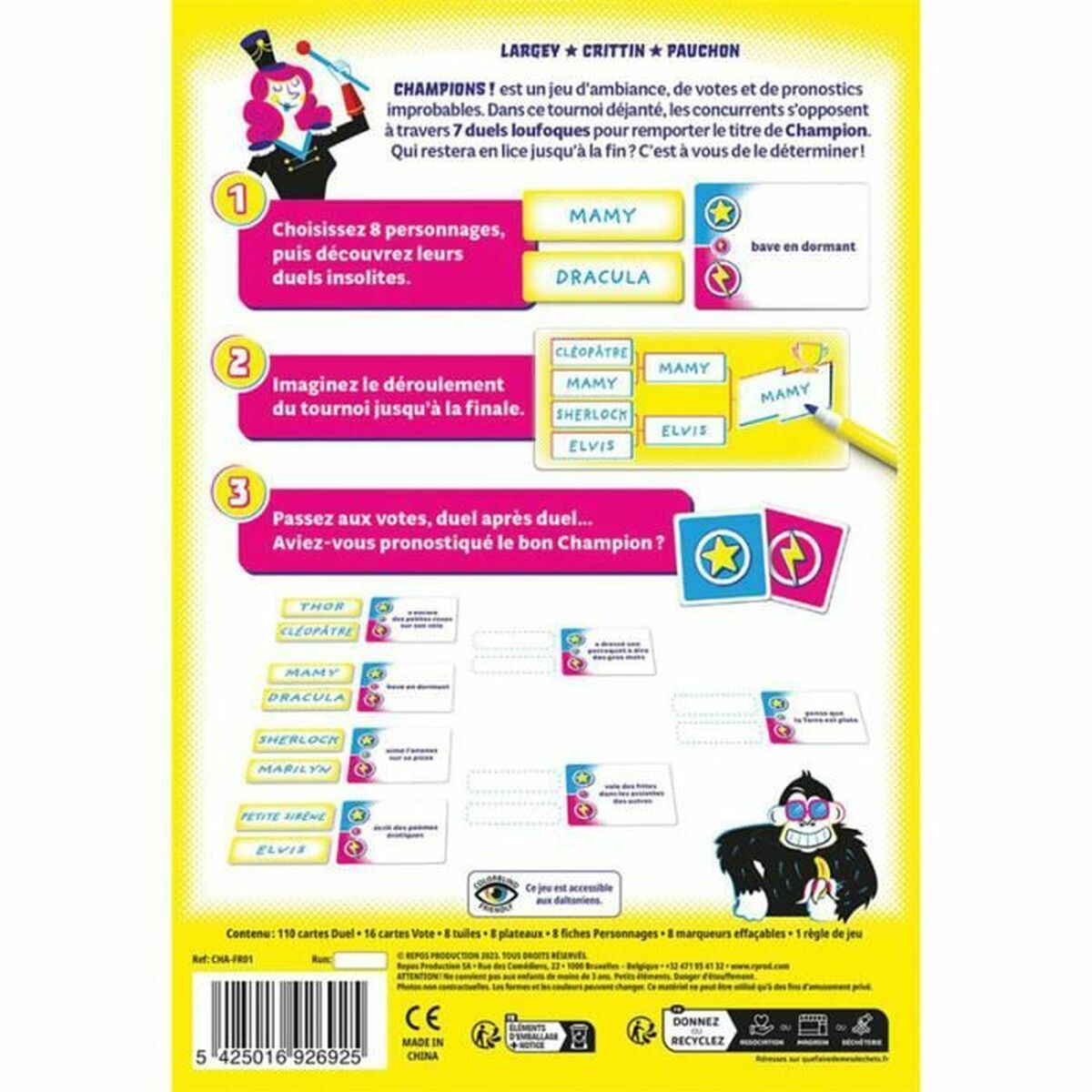Eine Spielbox zeigt Illustrationen mit Charakteren. Text auf Französisch.