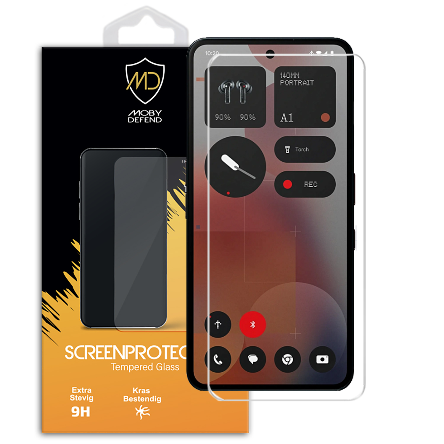 Telefoon met schermbeschermer en verpakking. Telefoonscherm toont pictogrammen. Tekst in het Engels en Duits.