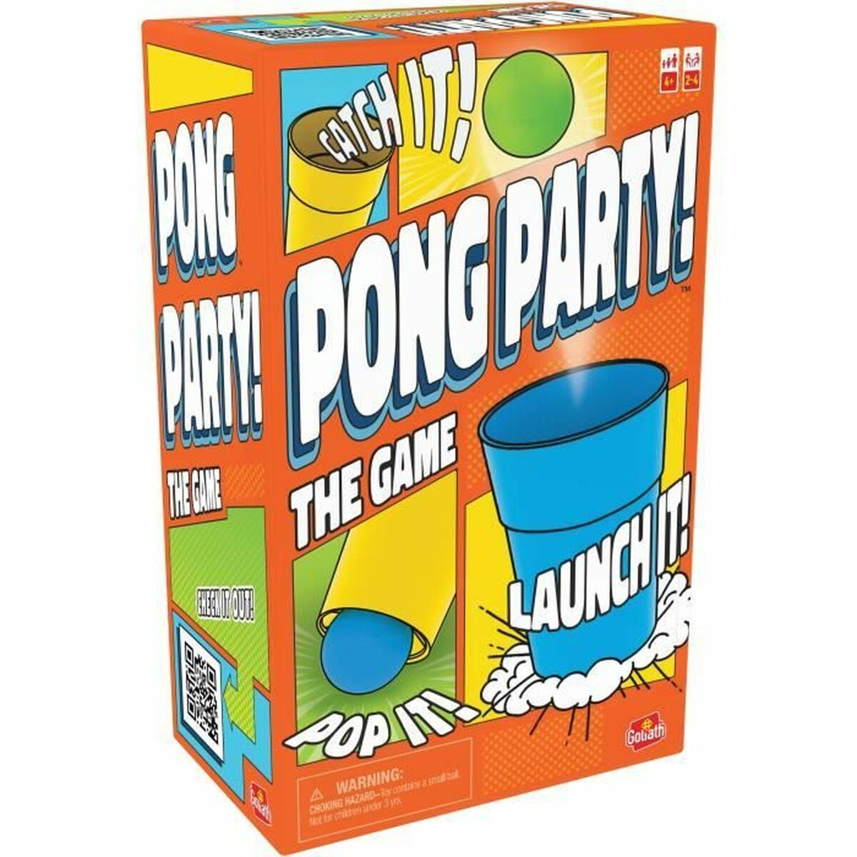 Pong Party Spielbox. Die Box hat helle Farben und Bilder von Bechern und Bällen. Weißer Hintergrund.