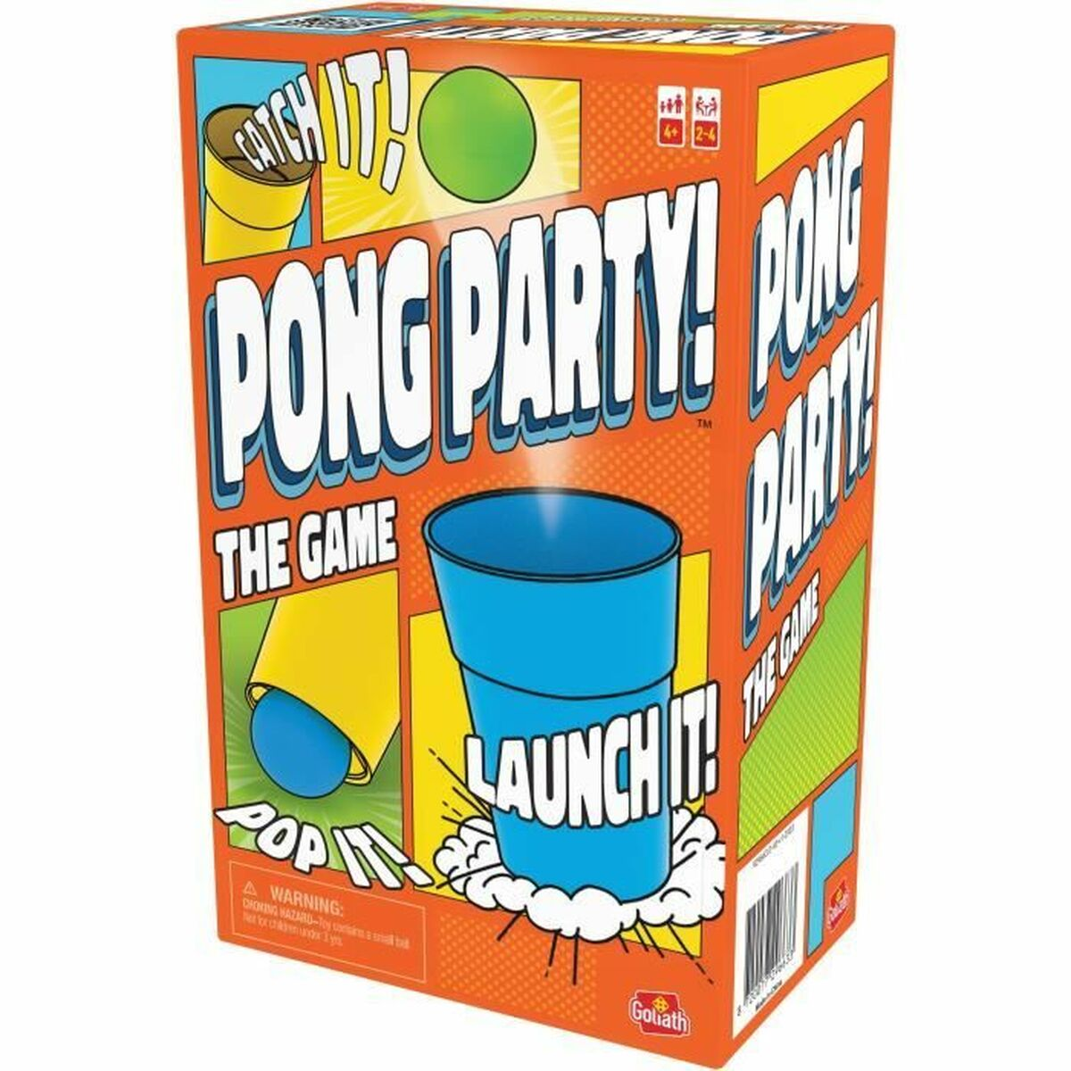 Orangefarbene Schachtel des Brettspiels Pong Party!. Text: Catch It! Pop It! Launch It! Blaue und grüne Elemente.