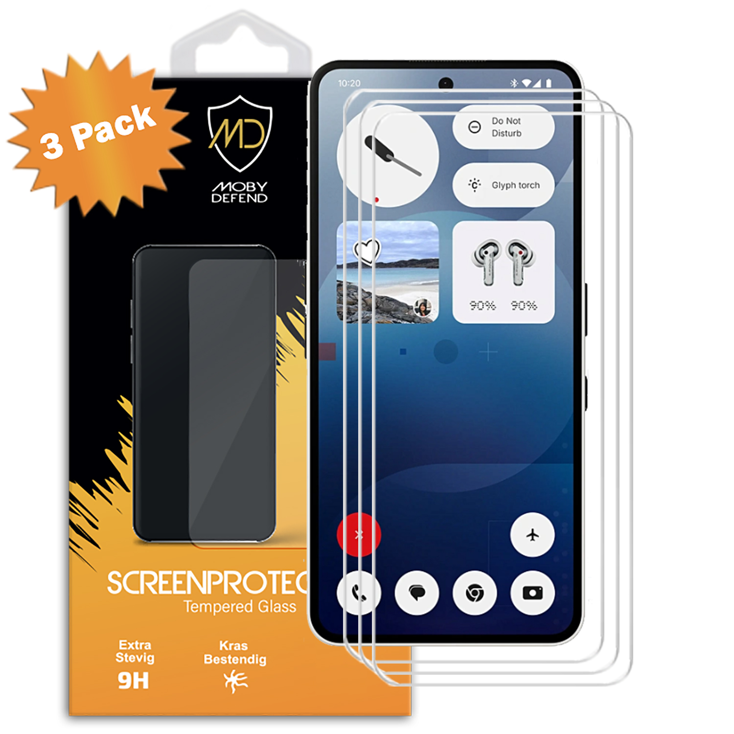 Trois protecteurs d'écran avec un téléphone et une boîte avec le logo Moby Defend.